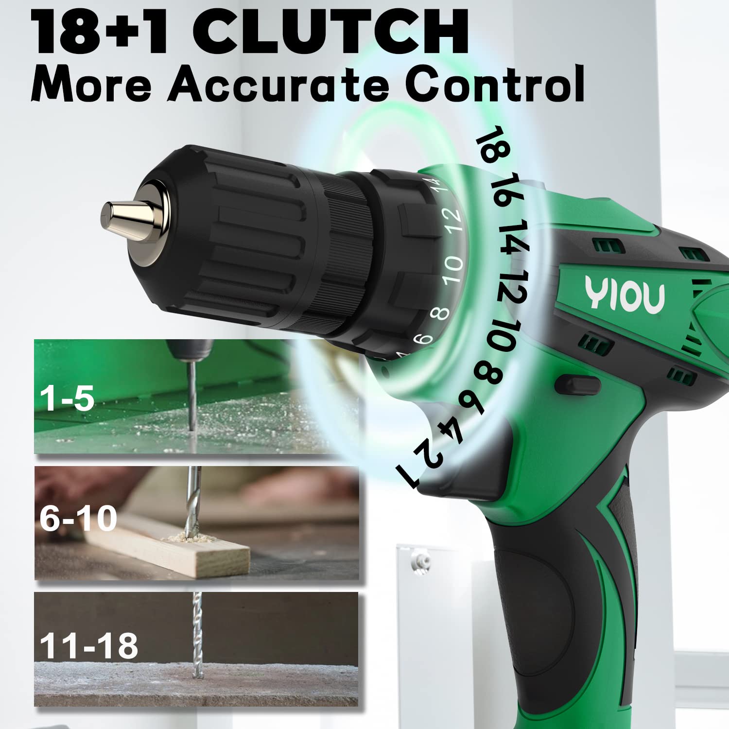 YIOU - Taladro inalámbrico de 20 V MAX, 18+1 embrague, 2 velocidades, 3/8 pulgadas, juego de brocas de 23 piezas, cargador de batería, verde, proyectos de bricolaje para el hogar