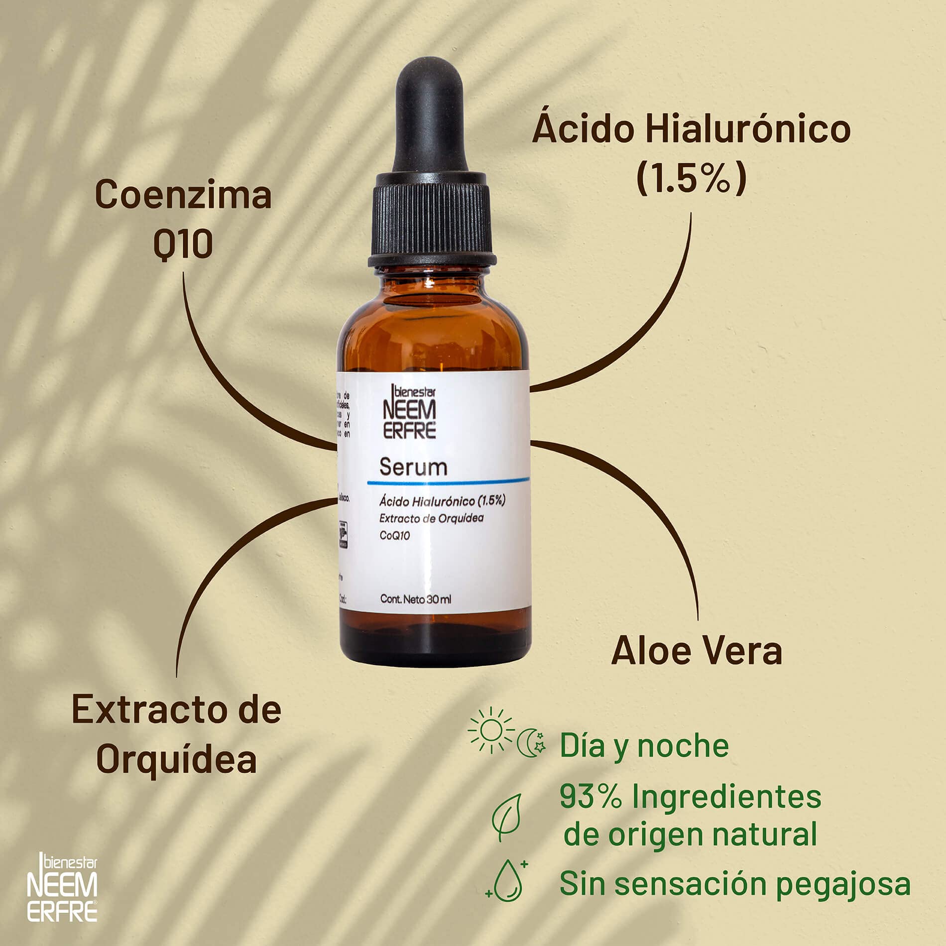 bienestar NEEM ERFRE Serum de Ácido Hialurónico al 1.5% + Coenzima Q10 + Escualano + extracto de orquídea | 93% ingredientes de origen natural | Hidrata y revitaliza tu piel, rápida absorción | 60ml (Paq de 2)