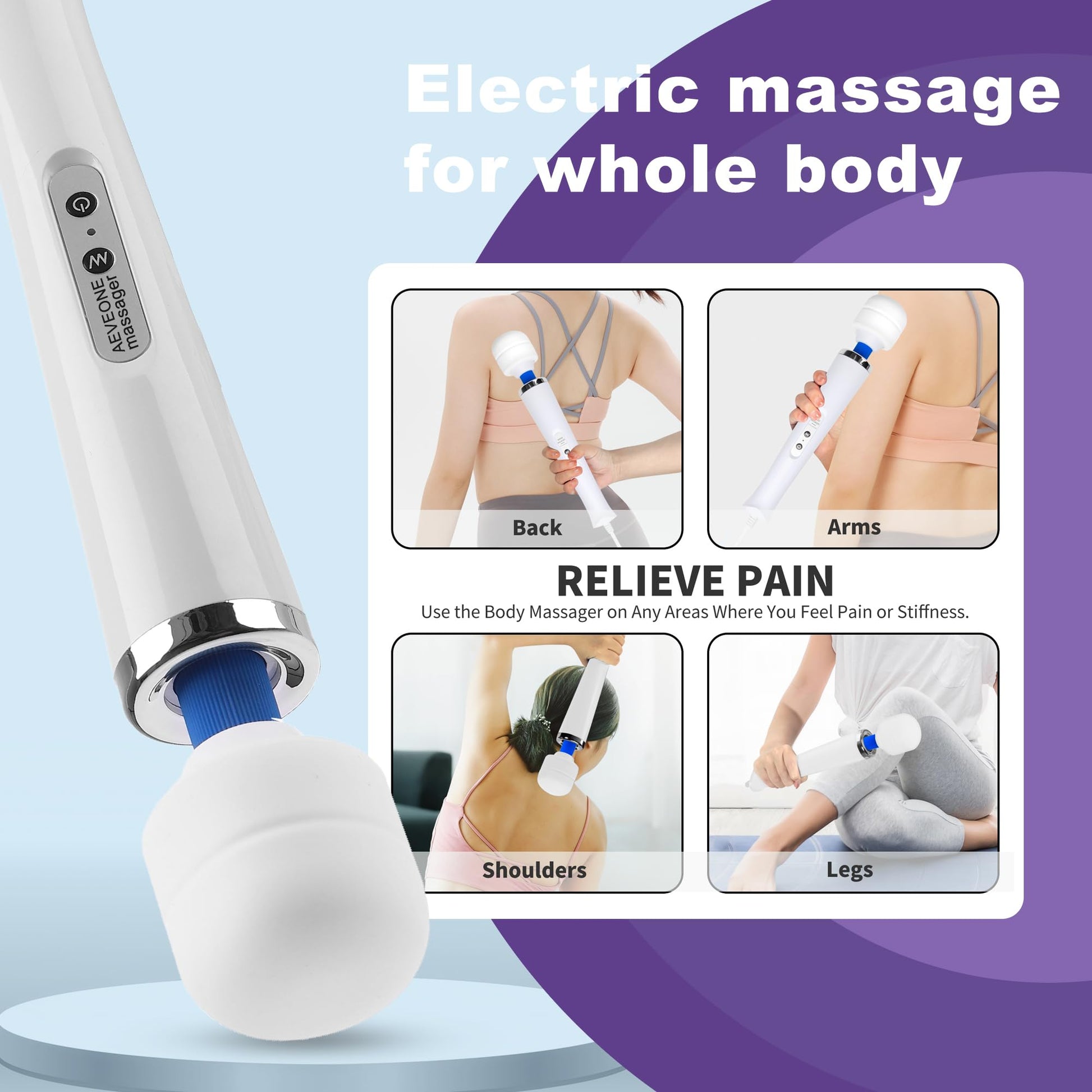 AEVEONE masajeador eléctrico de mano potente con cable, fuerte masaje personal para recuperación deportiva, dolor muscular, dolor corporal (blanco-US)