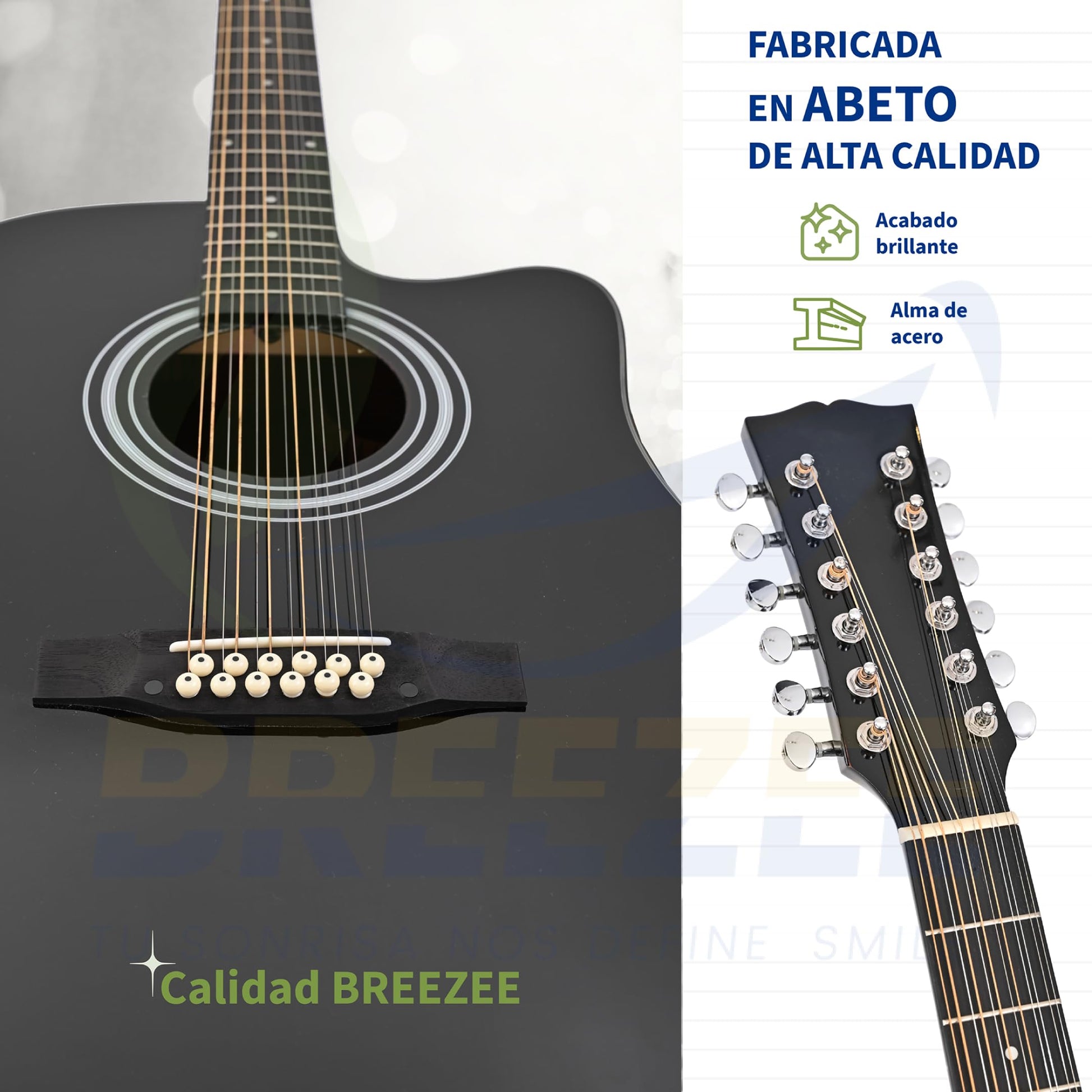BREEZEE Guitarra Acústica Docerola de 42 Pulgadas, Guitarra de 12 Cuerdas, Incluye Kit de Accesorios, Funda Transportadora, Capo, Correa, Plumillas, Afinador y Más, Guitarra De Abeto Resistente