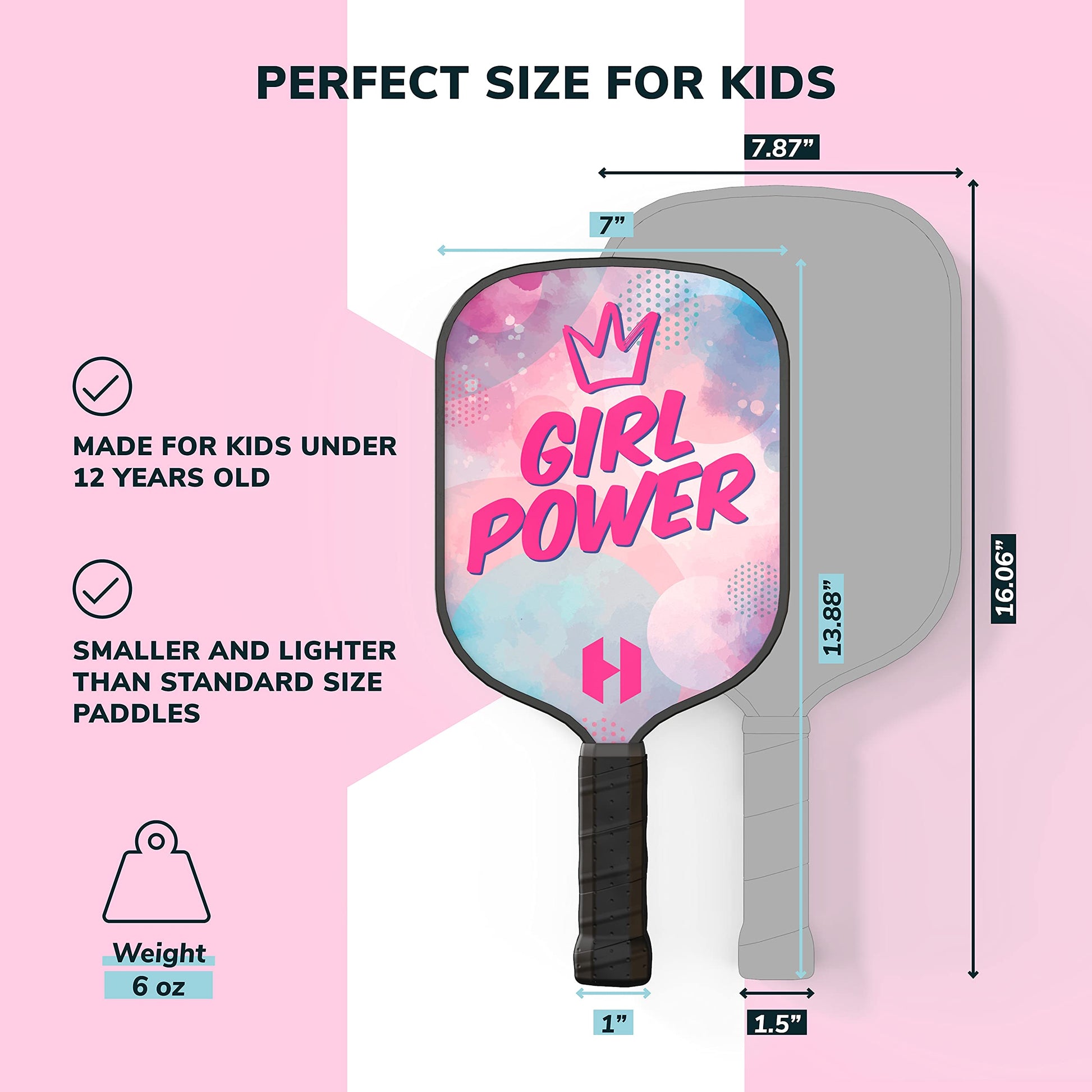 Helium Paleta de Pickleball para niños (2 Unidades, Girl Power), tamaño Infantil, núcleo de Panal, Cara de Impacto de Grafito, Agarre cómodo Premium, Pala de Pickleball y Bolsa con cordón