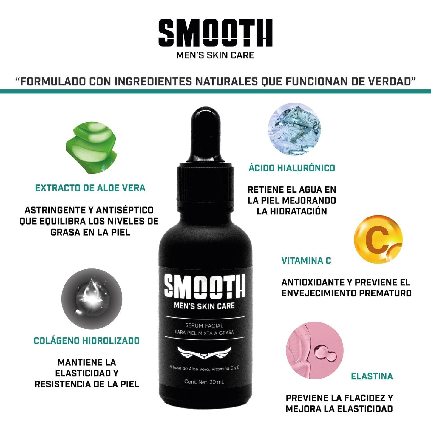 SMOOTH Sérum de Vitamina C Para Hombres | Antioxidante, Hidratante, Reduce líneas de Expresión, Disminuye Arrugas y Retrasa Envejecimiento Prematuro | Colágeno, Elastina, Aloe Vera | 30 ml Uso Día y Noche
