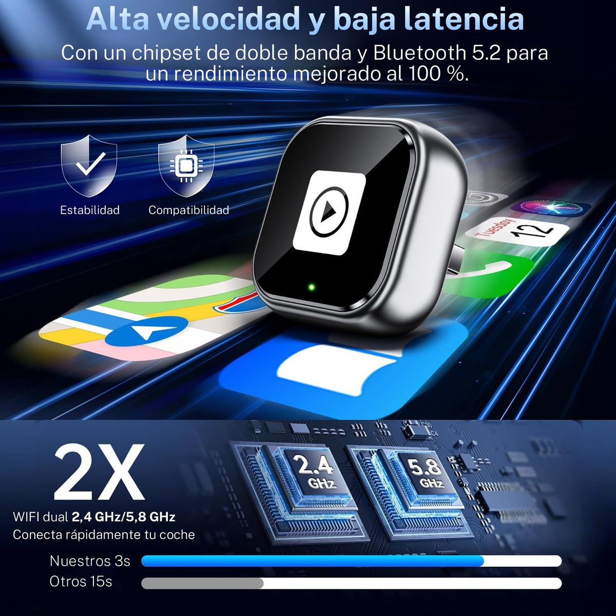 Adaptador Inalámbrico GOMITA Negro Conexión Rápida y Compacta para CarPlay y Android Auto con Puerto USB USB-C