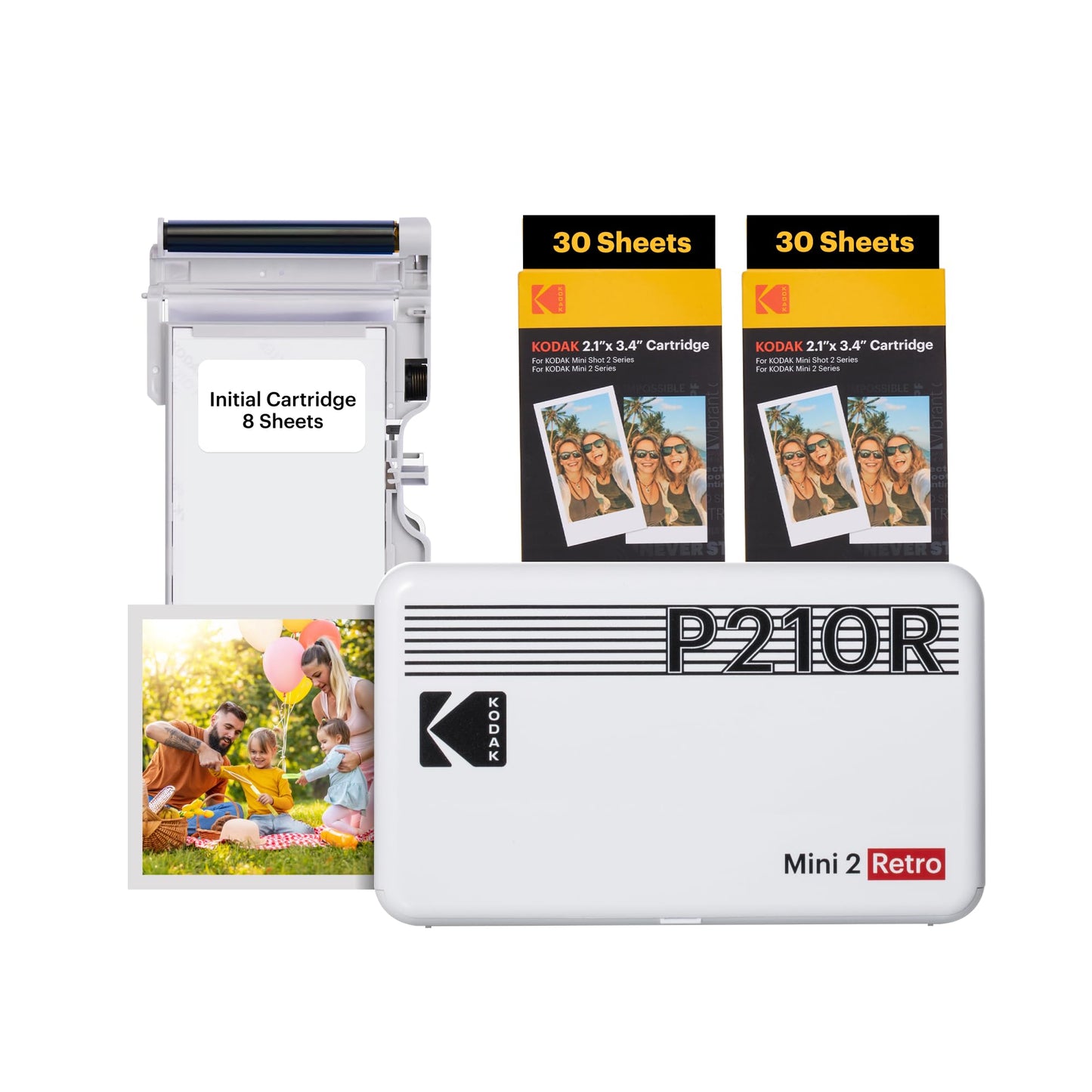 KODAK Mini 2 Retro 4PASS Impresora de Fotos Portátil (5,3x8,6cm) + Pack con 68 Hojas, Blanco