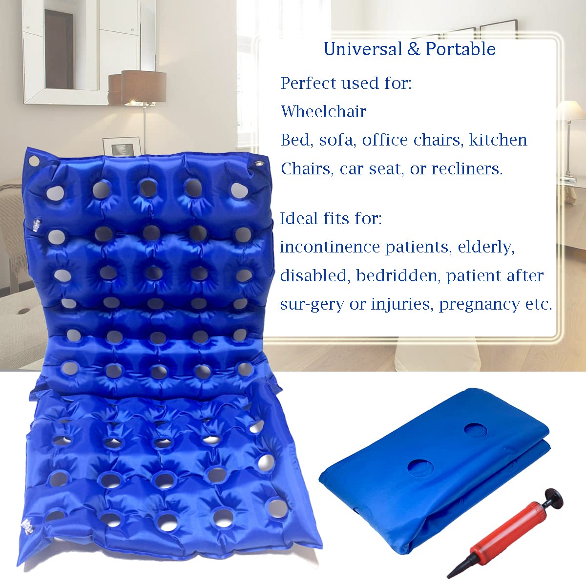 Cojín Inflable MESINURS Azul con Respaldo Completo para Silla de Ruedas para Personas Mayores Discapacitadas