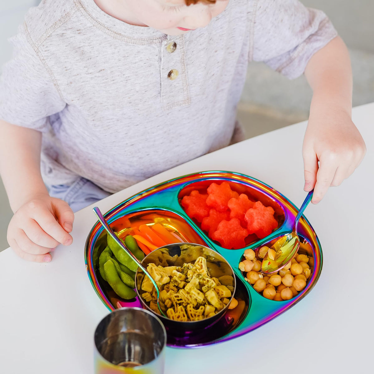 Ahimsa Juego de utensilios de acero inoxidable para niños, arco iris