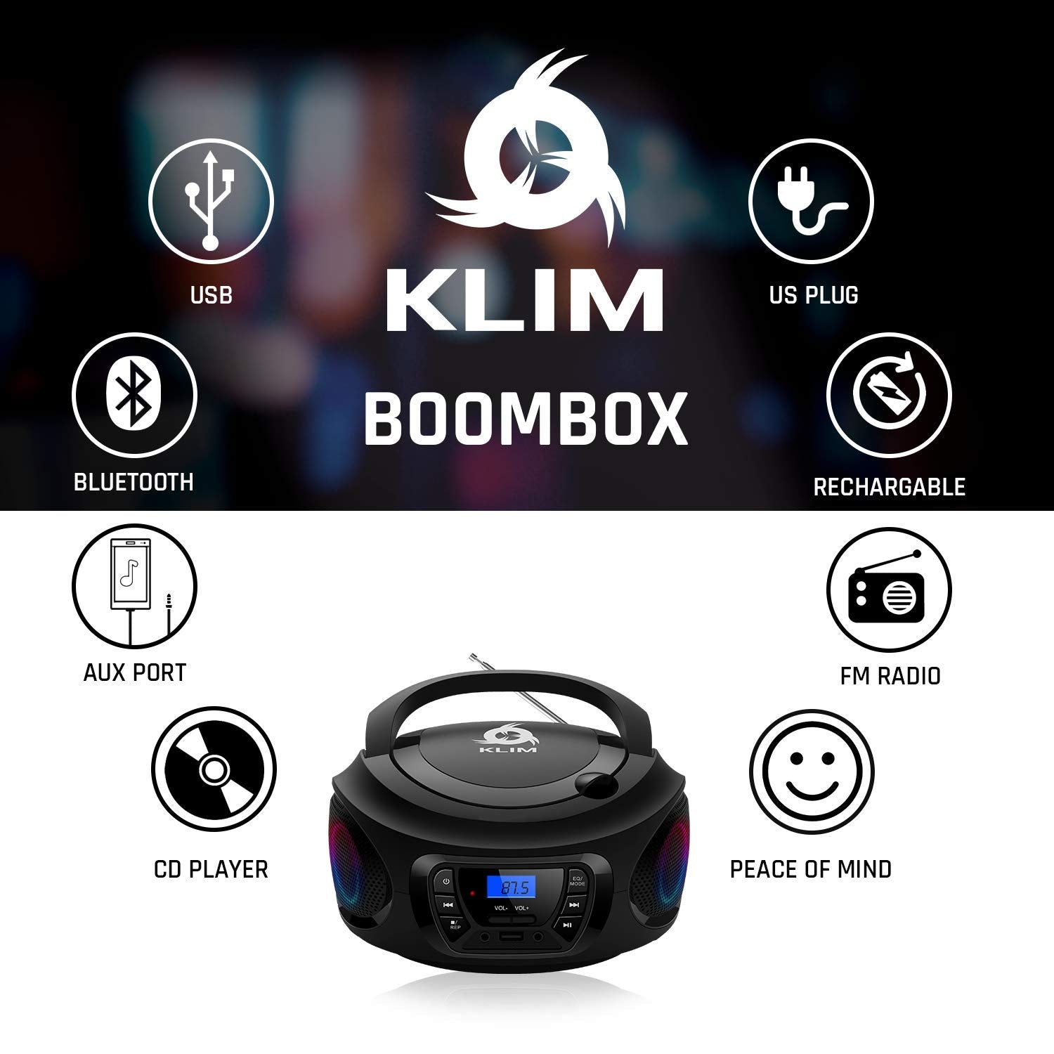 KLIM Boombox Sistema de Audio Portátil Radio FM, Reproductor de CD, Bluetooth, MP3, USB, AUX + Incluye Baterías Recargables + Modos Alámbricos e Inalámbricos , Negro (Reacondicionado)