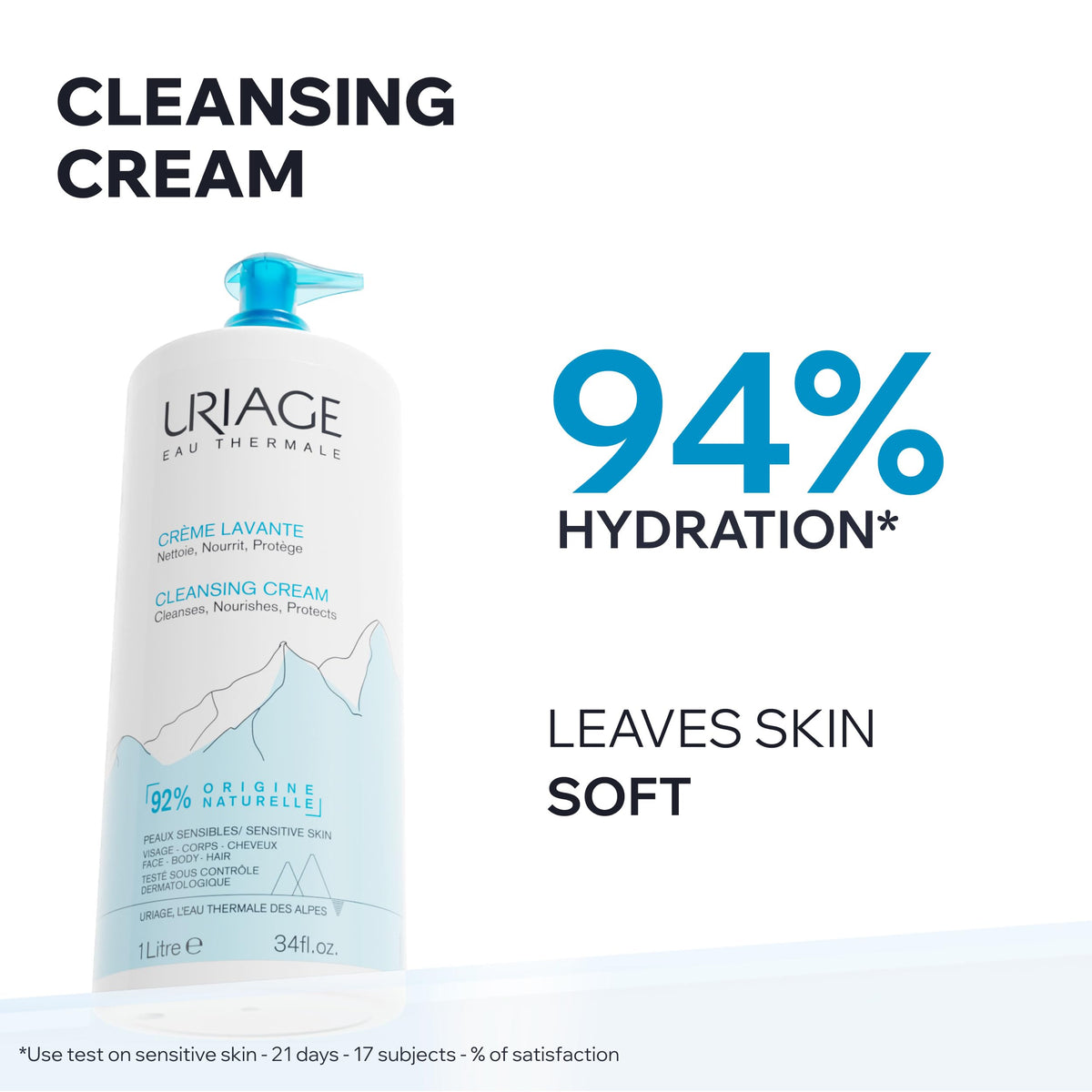 Uriage Gel Limpiador 2 en 1 1L – Con manteca de karité, limpia y nutre cara, cuerpo y cabello. Sin parabenos ni jabón. pH fisiológico. Perfume fresco. Uso diario.