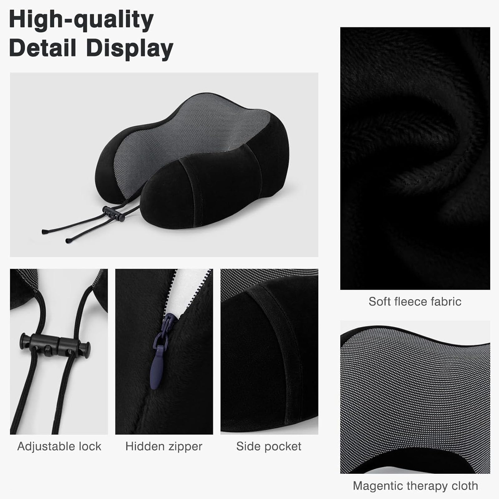 CISSSEE Almohada de Viaje,Almohada de Cuello Viscoelástica de Espuma de Memoria con Máscara de Ojos,Tapones para los oídos y Bolsa con Cordón, Soporte de Cuello para Avión, Oficina y el Hogar (Negro)