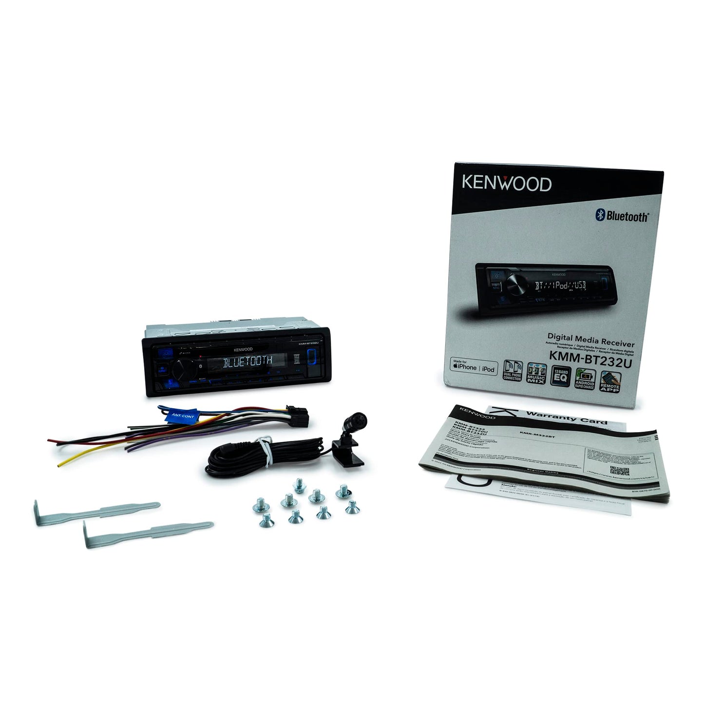 KENWOOD KMM-BT232U - Receptor de coche DIN único, estéreo Bluetooth para coche con mezcla de música para 5 dispositivos, conexión de teléfono dual, entrada USB frontal y AUX, ecualizador de 13 bandas