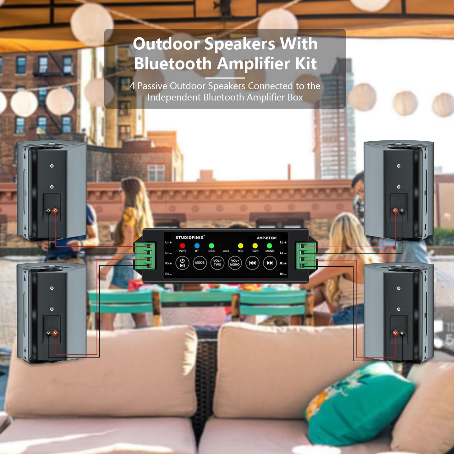 STUDIOFINIX 800W 6.5 Inch Bluetooth Altavoces de Exterior con Amplificador Multifuncional Sistema de Altavoces de Pared Resistente a la Intemperie para Patio Jardín Piscina Casa (4 Altavoces, Negro)
