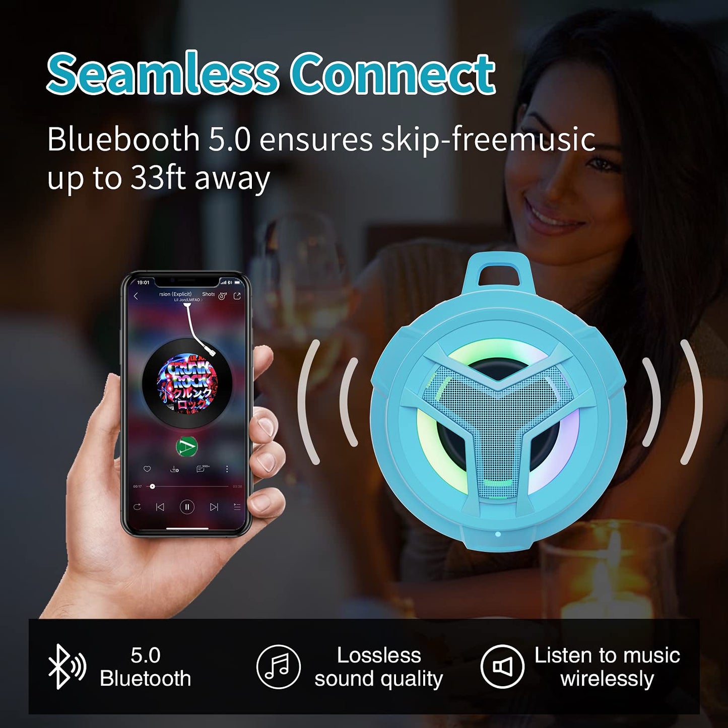 EBODA - Altavoz de ducha Bluetooth impermeable, IPX7, altavoces pequeños inalámbricos portátiles, flotantes, tiempo de juego 24 horas con luz RGB para kayak, playa, accesorios de piscina, regalos para