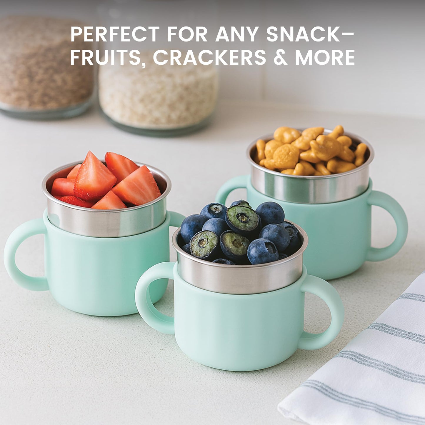 Lulyboo - Taza de aperitivos de acero inoxidable con asas resistente a derrames para niños pequeños