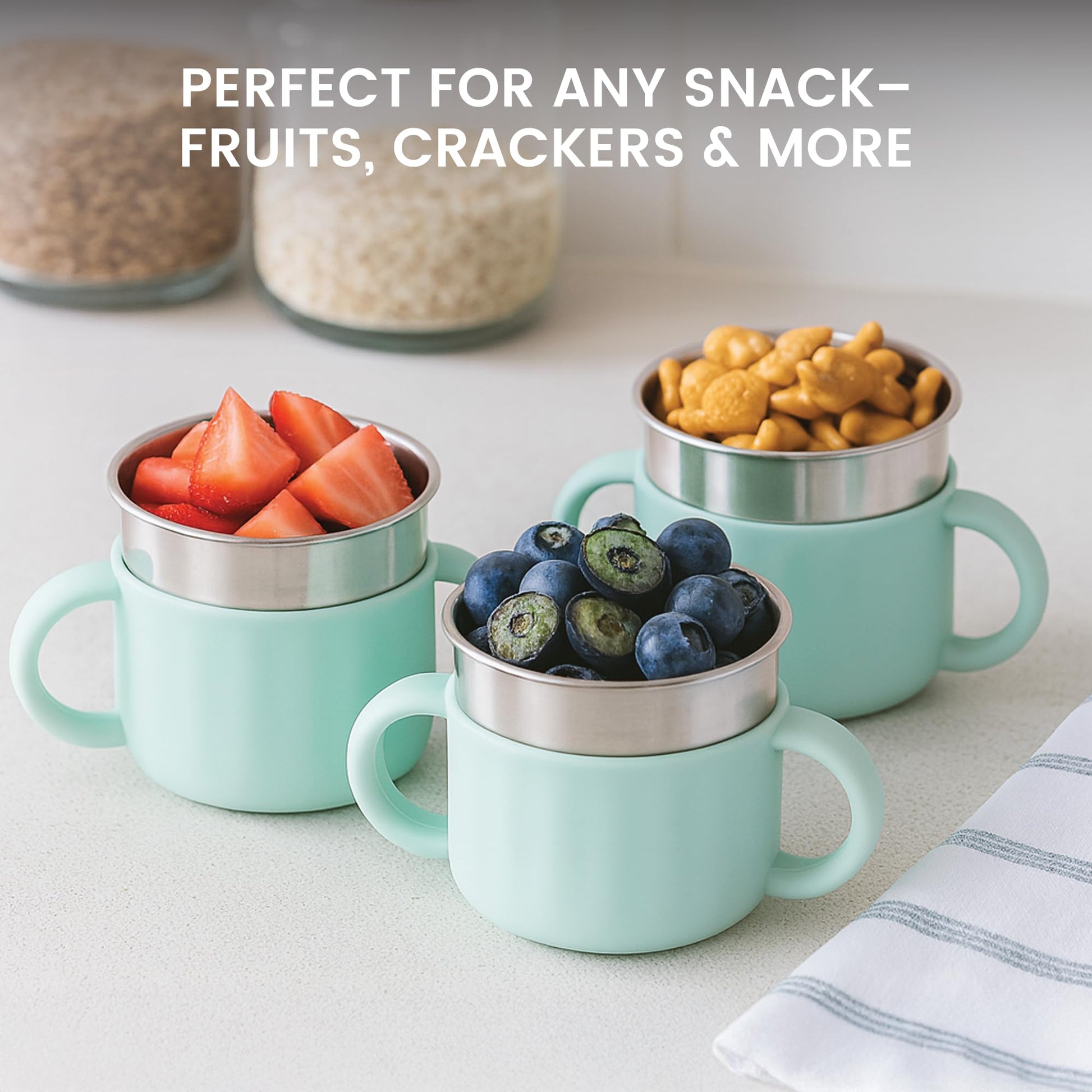 Lulyboo - Taza de aperitivos de acero inoxidable con asas resistente a derrames para niños pequeños