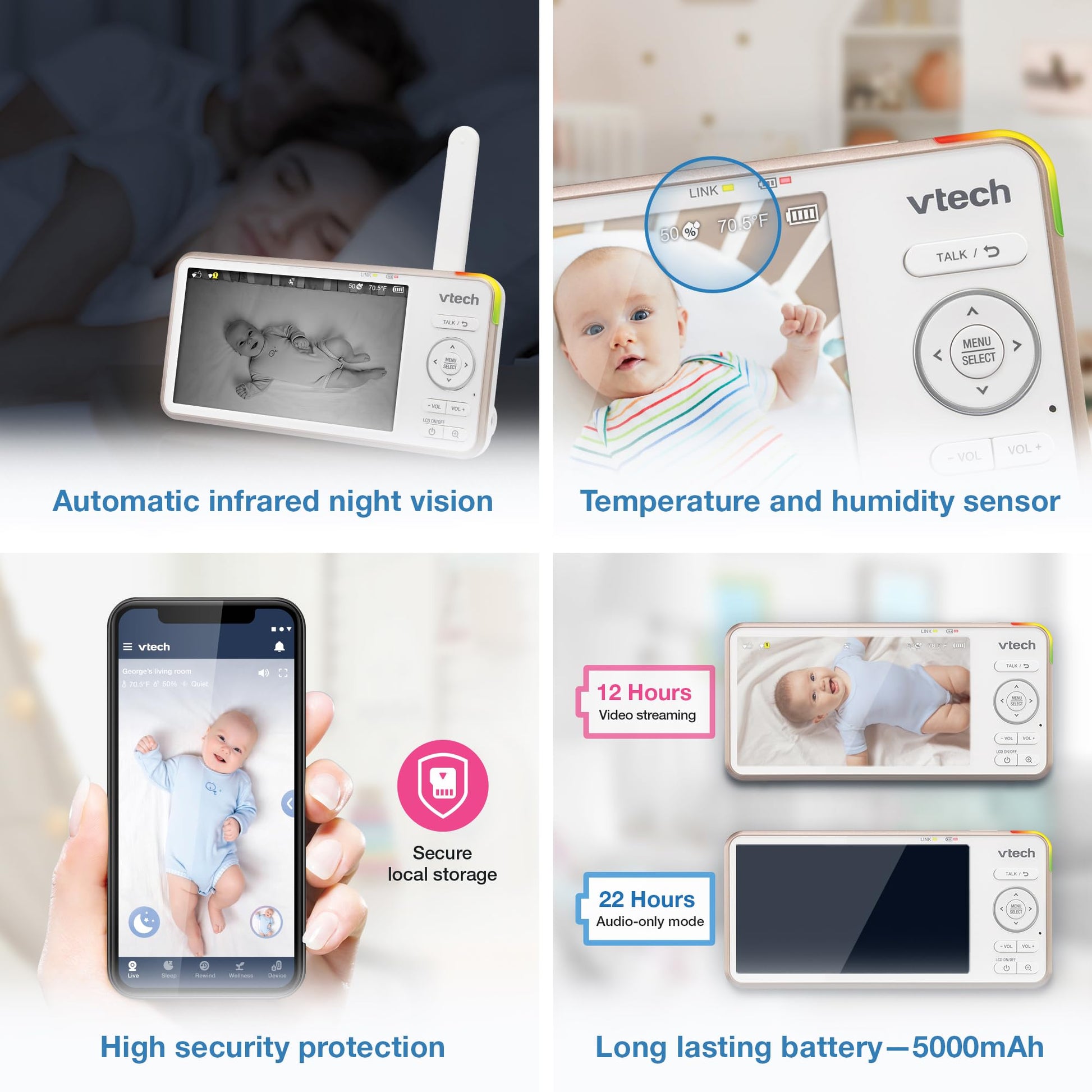 Monitor Inteligente para Bebé VTech V-Care Blanco 5 Pulgadas Acceso Remoto Detecta Inteligencia