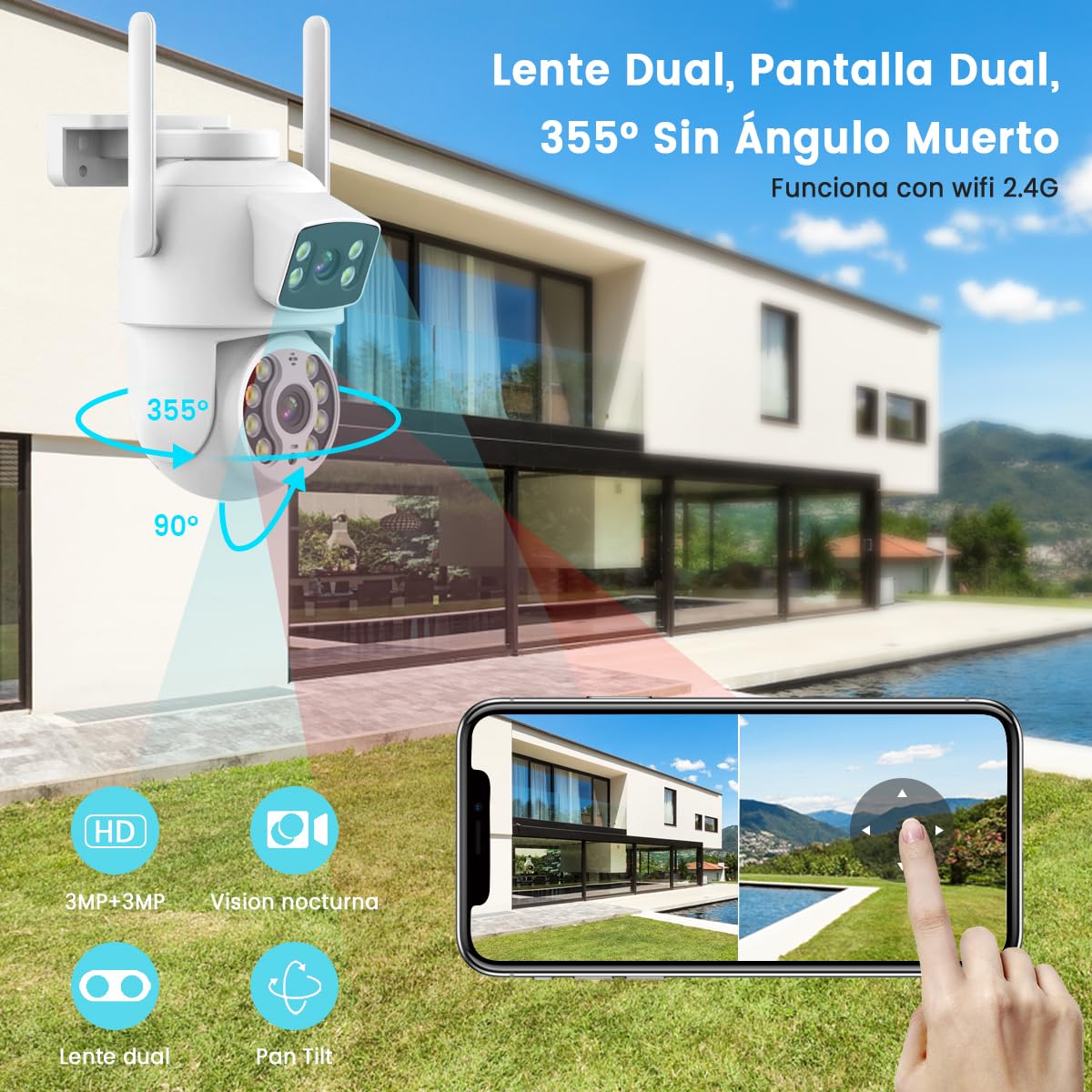 Cámara de Seguridad Exterior EASYTAO 2K 3MP Wifi Doble Lente IP66 con Audio Bidireccional y Visión Nocturna Compatible Alexa