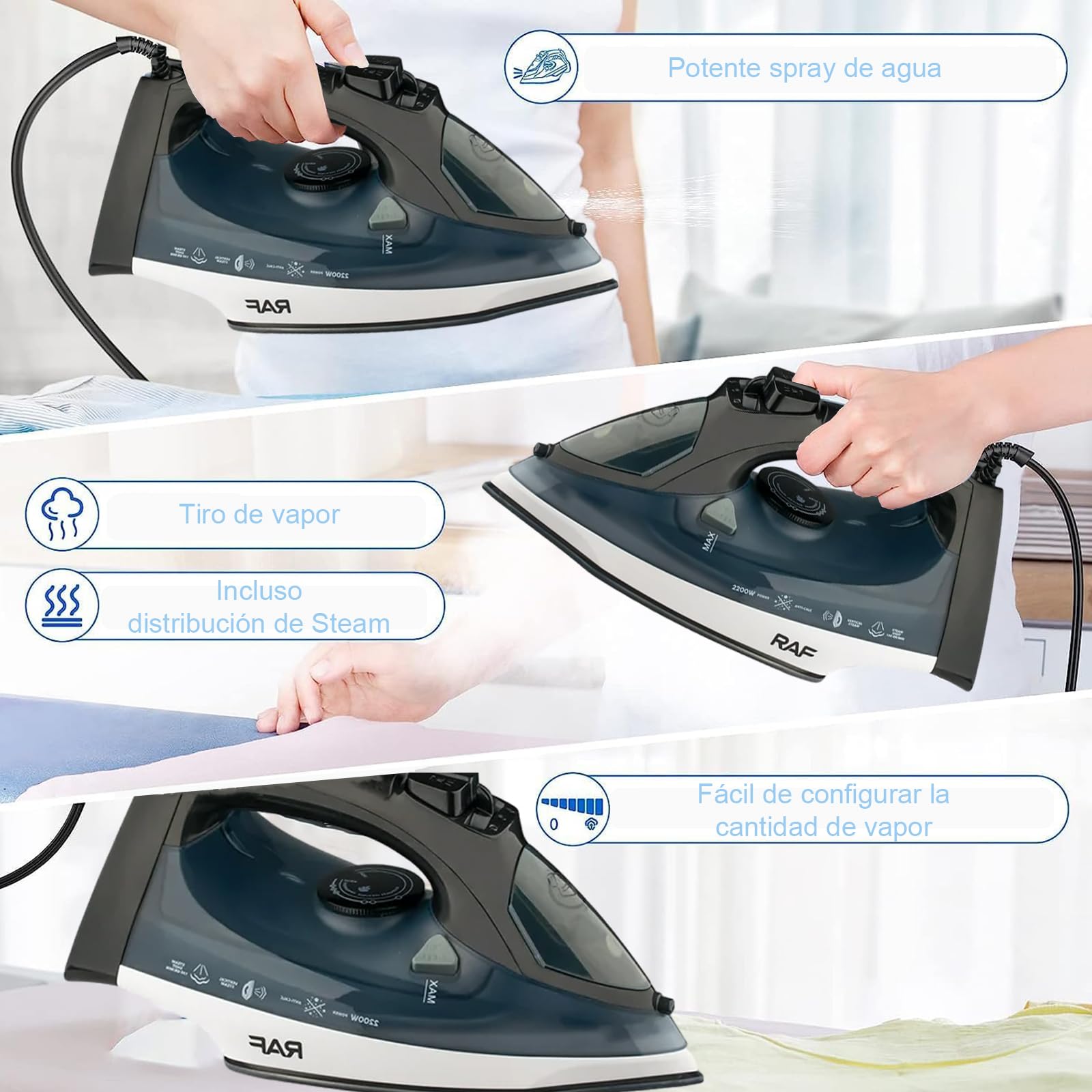 XINTM Plancha de Vapor 320ML con Suela de Cerámica, 2200w Plancha de Ropa Profesional, Uso Húmedo y Seco, con 3 Niveles Djuste de Temperatura y Función Antical, para Familias, Tiendas de ropa