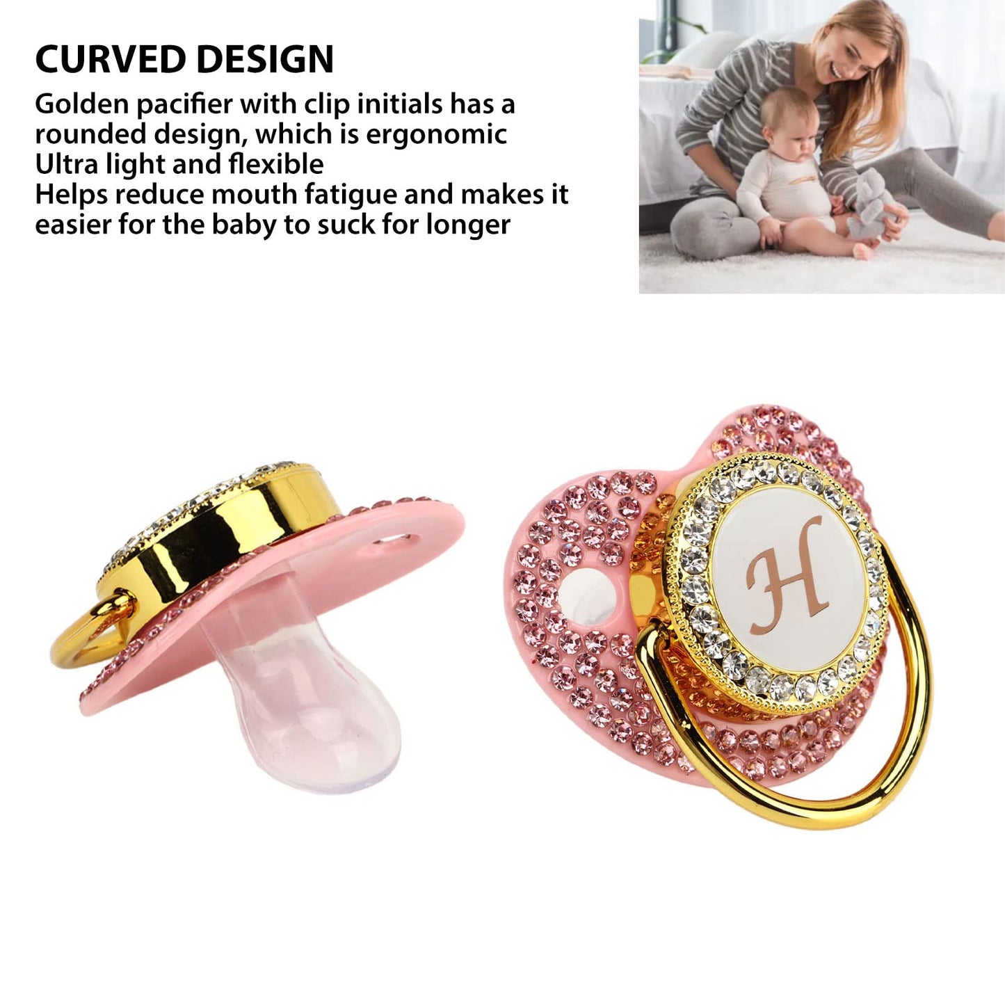 Chupete de bebé Dorado, 26 Letras Juego de Clip de Chupete Personalizado Diamantes de Imitación Cubiertos Diseño Curvo Chupete de bebé Chupete de Silicona para Alimentación de (Letra h)