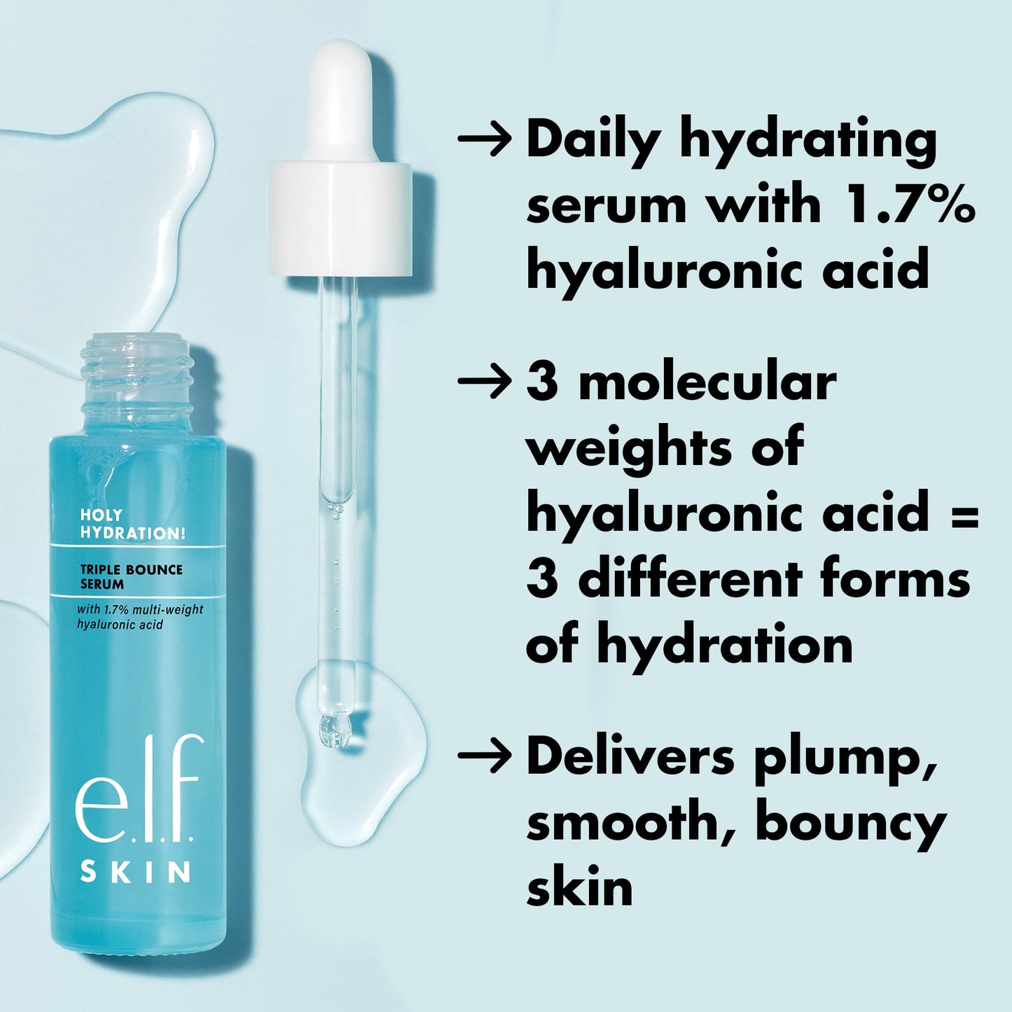 e.l.f. SKIN Holy Hydration! Triple Bounce Serum, 1.7% Hyaluronic Acid Serum For Plump, Bouncy Skin, Great For Hydrating Dry Skin, Vegan & Cruelty-Free
