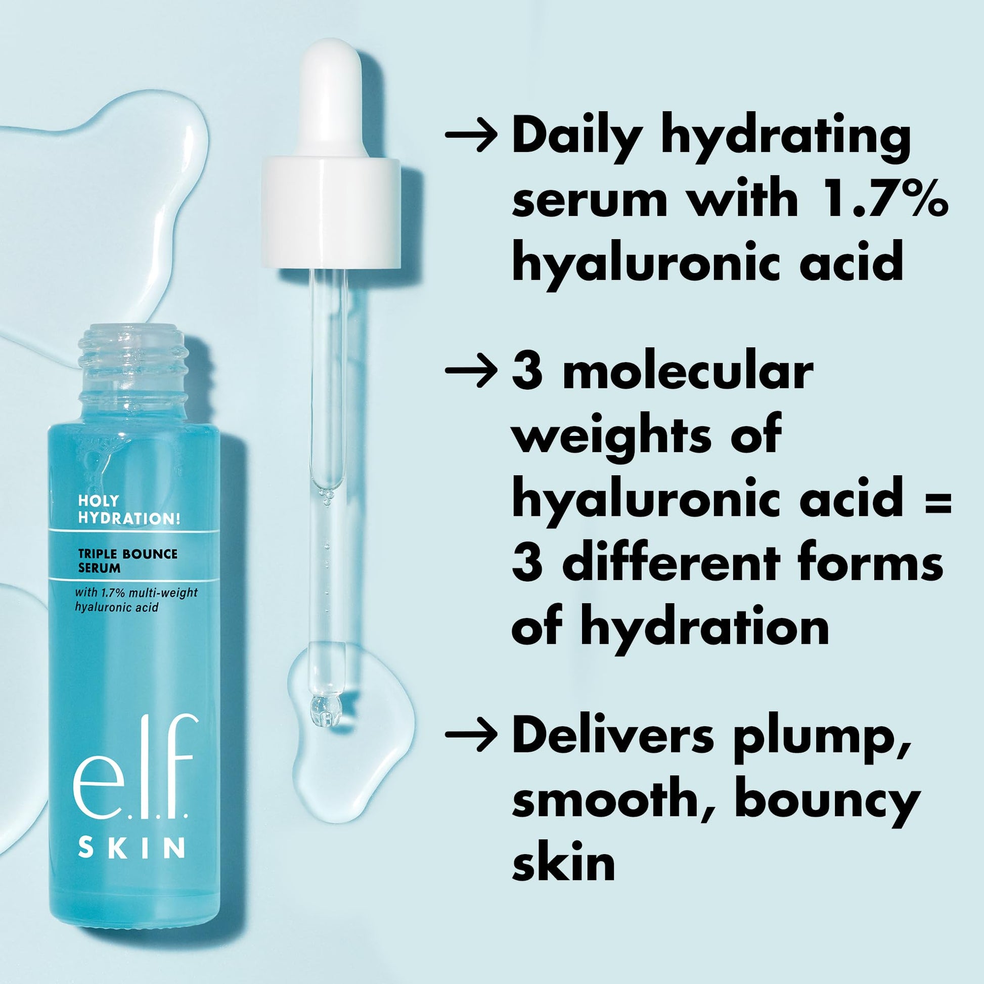 e.l.f. SKIN Holy Hydration! Triple Bounce Serum, 1.7% Hyaluronic Acid Serum For Plump, Bouncy Skin, Great For Hydrating Dry Skin, Vegan & Cruelty-Free
