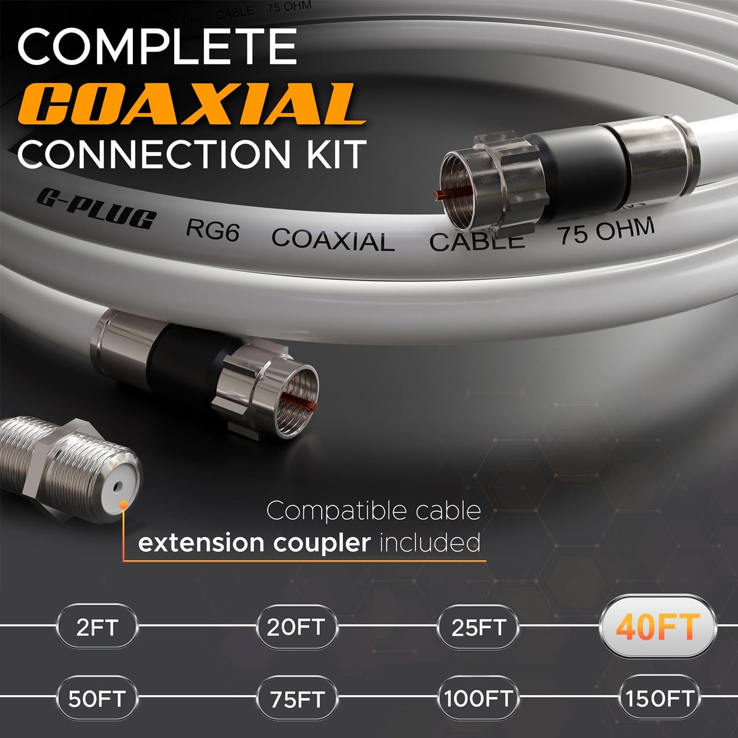 G-PLUG Cable Coaxial RG6 75 Ohm, Triple Blindaje, Conectores F Tipo Macho a Macho, Cable Antena TV, Satelital e Internet Banda Ancha, Incluye Acoplador F81, Blanco