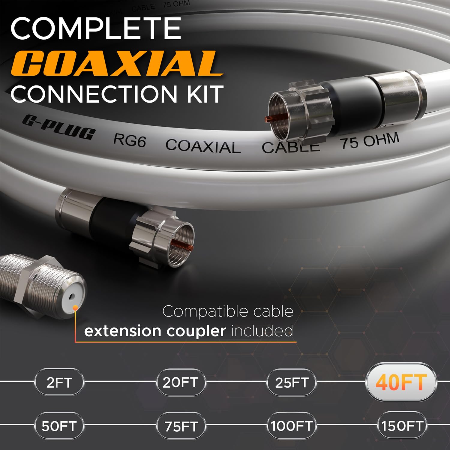 G-PLUG Cable Coaxial RG6 75 Ohm, Triple Blindaje, Conectores F Tipo Macho a Macho, Cable Antena TV, Satelital e Internet Banda Ancha, Incluye Acoplador F81, Blanco
