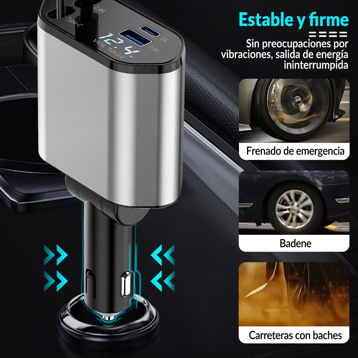 Cargador para auto, Cargador USB C 4 en 1 100W+20W Carga Rápida Accesorios para auto, Cables retráctiles (80cm) y Adaptador de Coche de 2 Puertos USB, Compatible con iPhone 15 14 13 12,Galaxy, Xiaomi