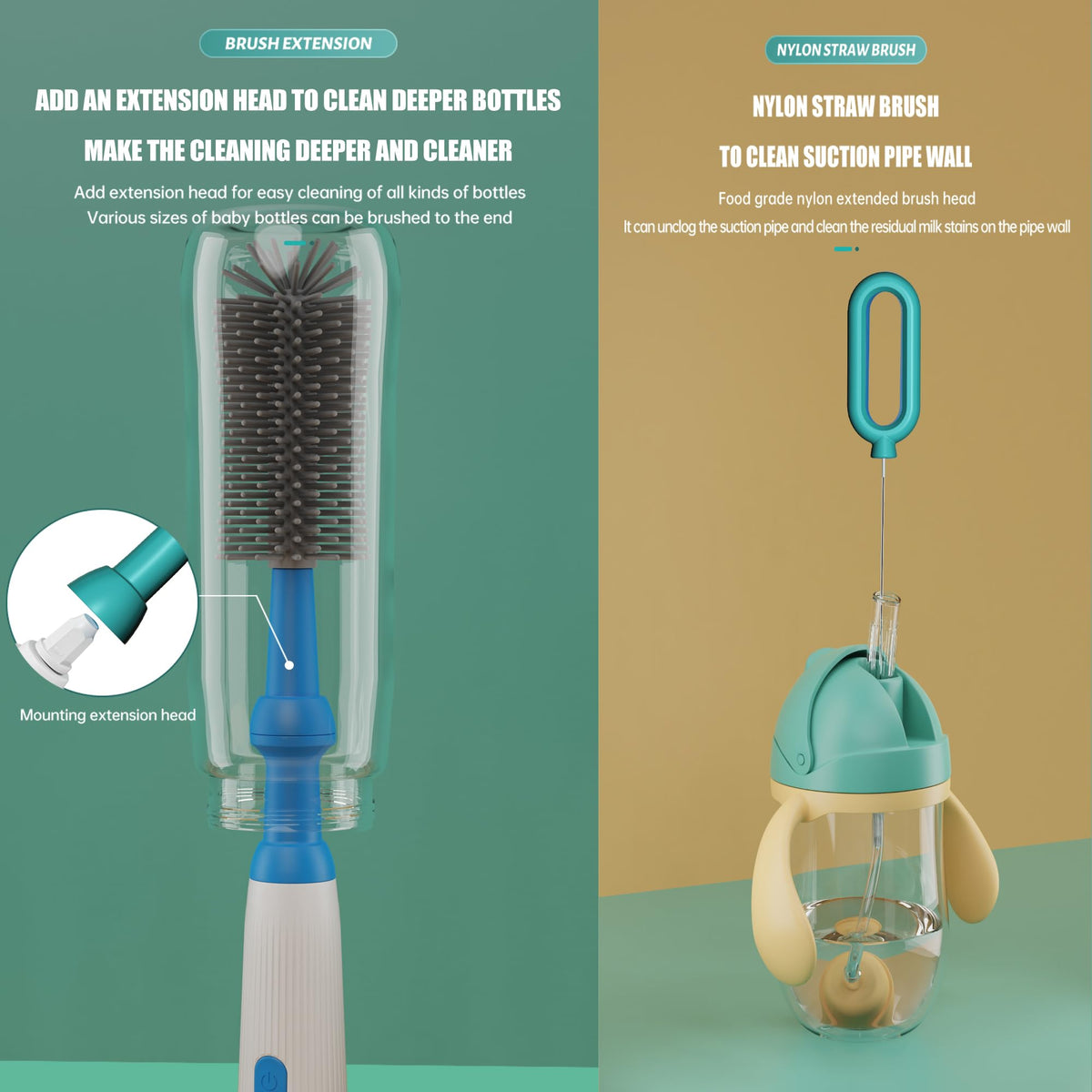 Acodoy Electric Bottle Brush Set with Baby Bottle Brush 4-Piece,Bottle Brush2,Nipple Brush,Straw Brush and Extension Handle,USB Rechargeable (Green)