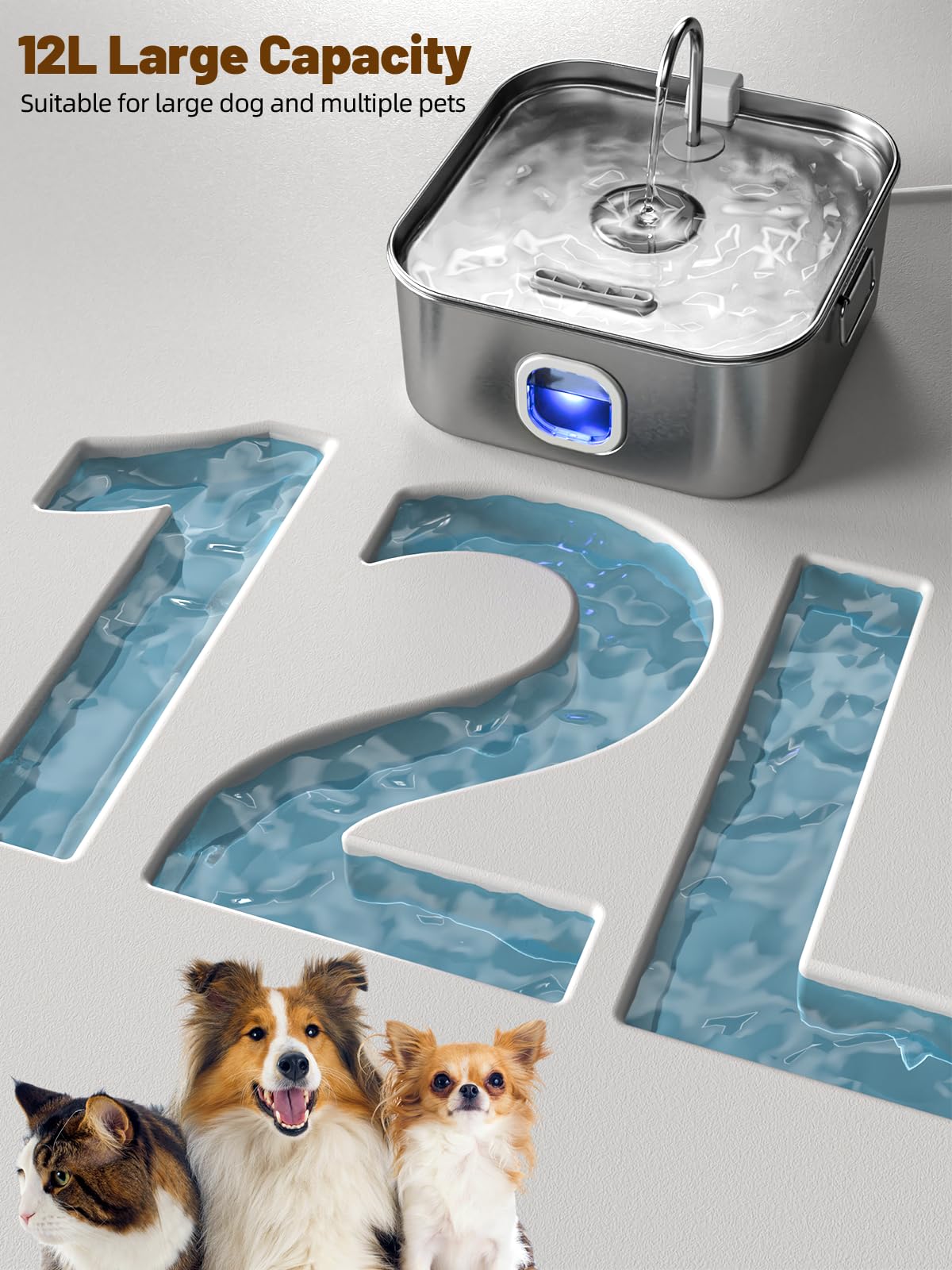 Fuente de agua para perros de acero inoxidable, 440 oz/3.2Gal/12L Fuente de agua grande para mascotas para perros grandes, dispensador de tazón de agua para perros con ventana de nivel de agua e