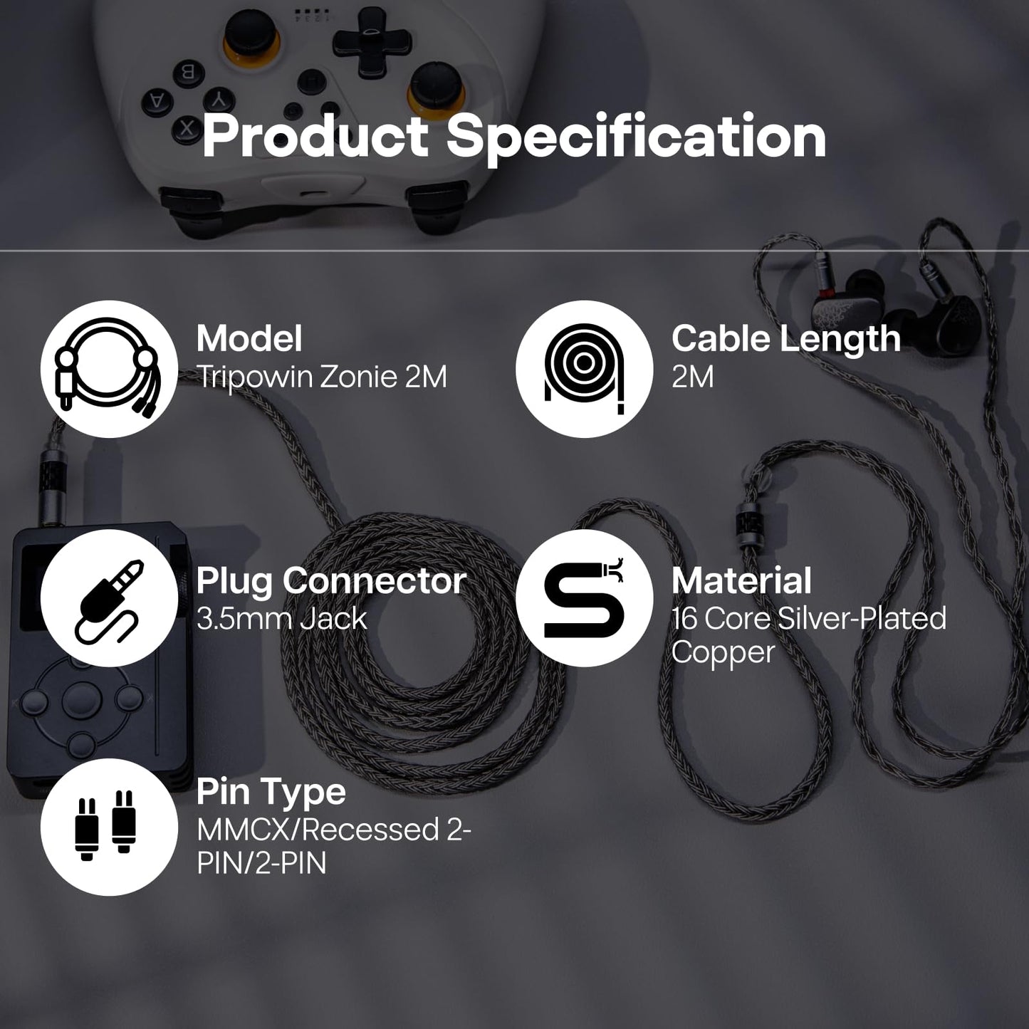 Linsoul Tripowin Zonie IEM Cable, Cable de Auriculares de 2 m de Longitud, Cable de Auriculares Chapado en Plata de 16 Núcleos, Cable de Monitor In Ear para KZ ZS10 PRO 2 SIMGOT EM6L (Empotrable 2Pin)