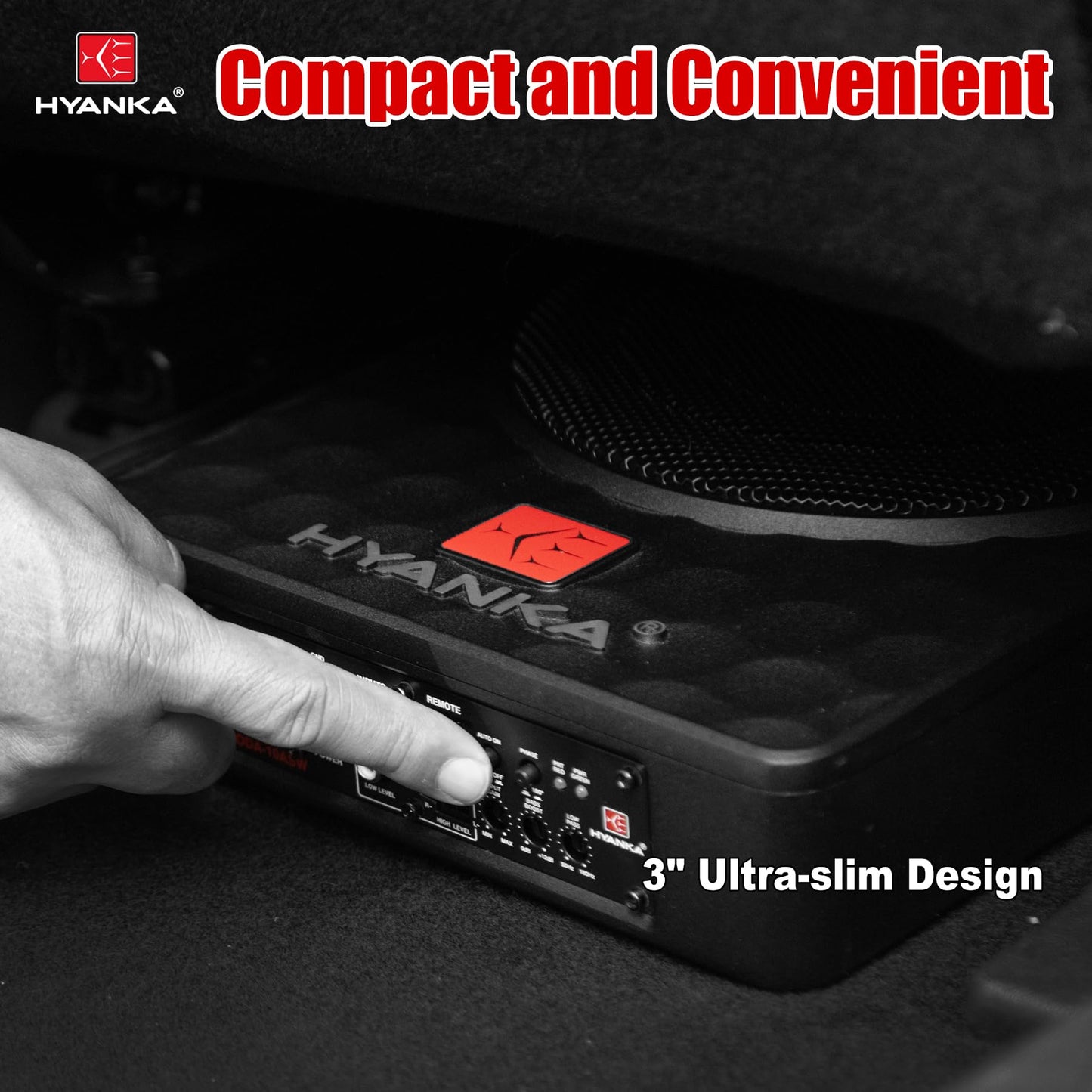 H YANKA SODA-10ASW 480 W Potencia máxima (120 W RMS) Subwoofer compacto bajo asiento de 10 pulgadas con amplificador incorporado, subwoofer de potencia delgada para audio de coche/camión/jeep