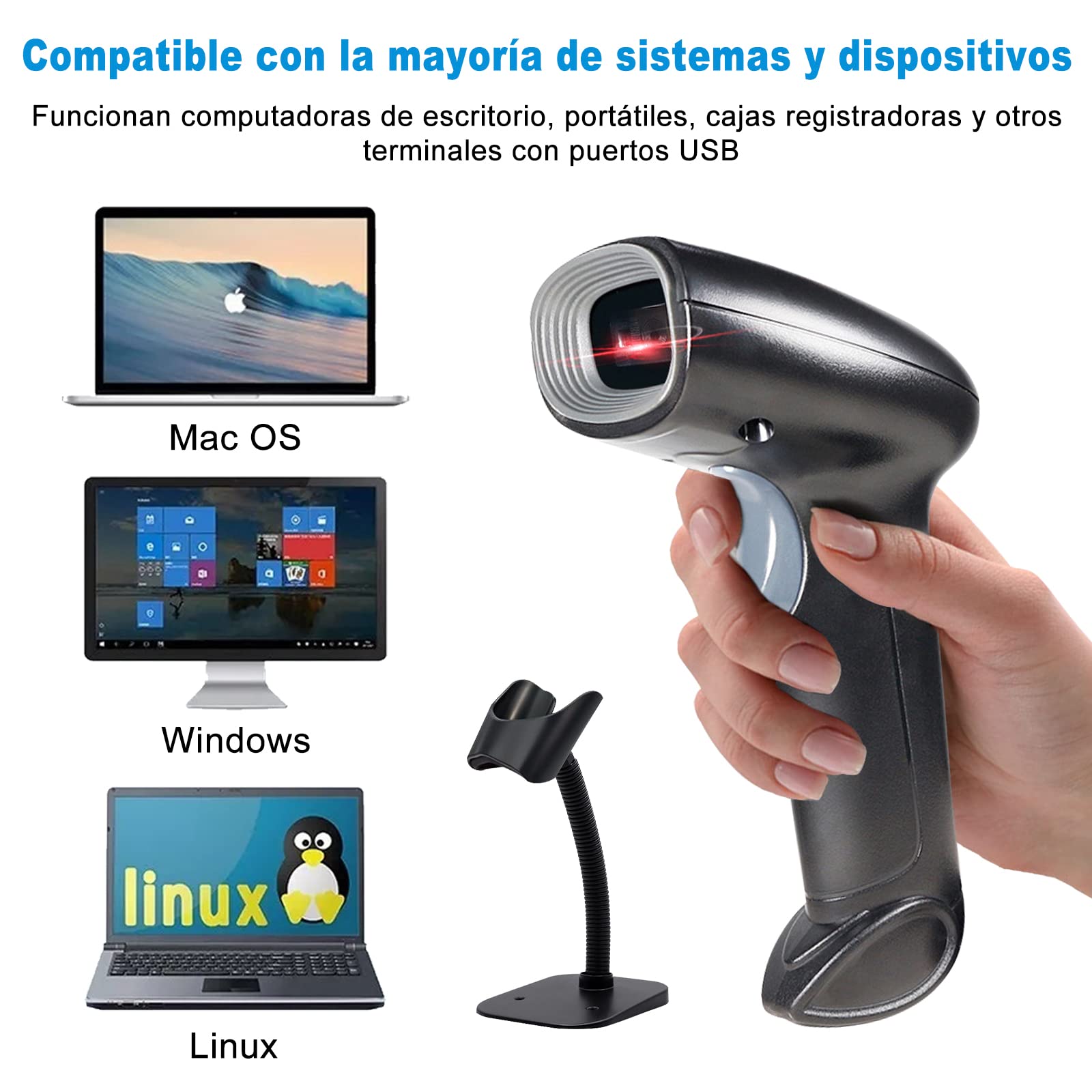 Escáner de Código de Barras Inalámbrico y Alámbrico con USB para Puntos de Venta con Soporte
