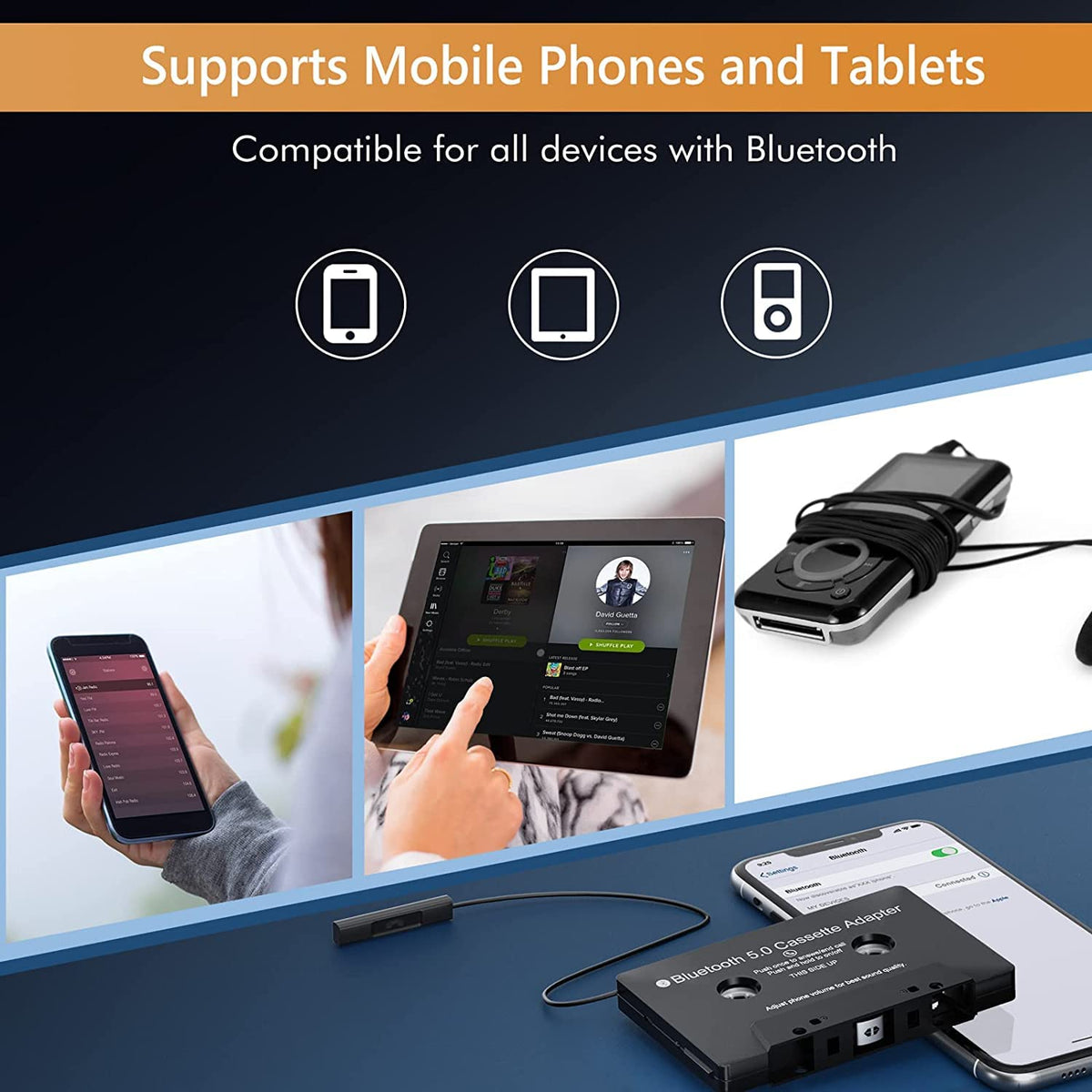 Adaptador Auxiliar de Casete Receptor Bluetooth 5.0 Negro para Música y Voz de Coche