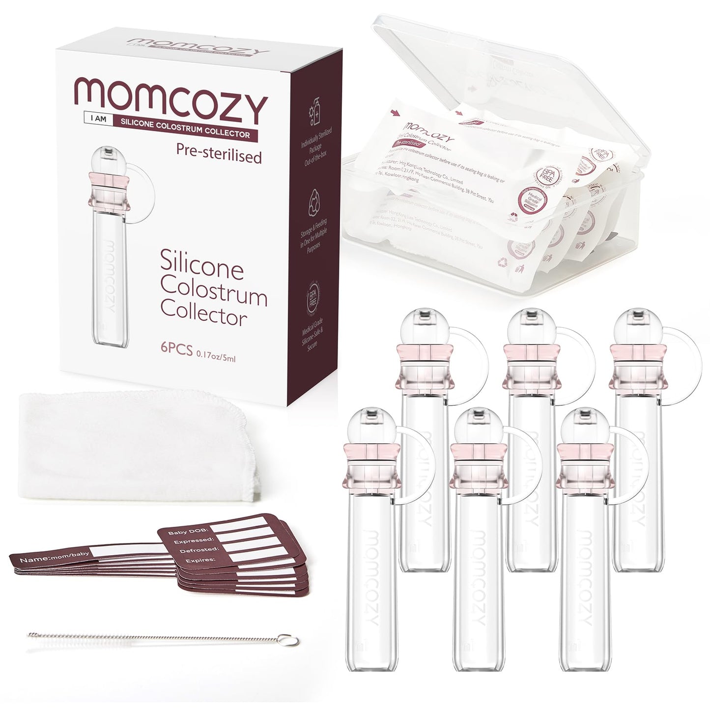 Momcozy Colector de Calostro, Colector Reutilizable de Leche Materna con Estuche y Toalla de Algodón, Contenedor Portátil Libre de BPA, Multiusos, 5ml, Paquete con 6