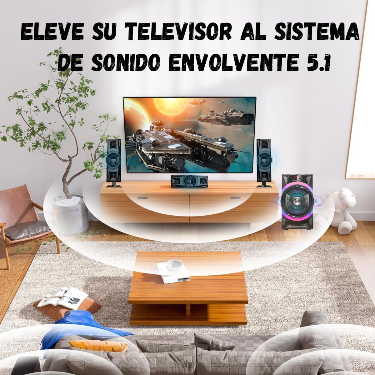 D&M L1 Sonido Teatro en casa,con Subwoofer - Sistema de Sonido Envolvente 3 en 1 Separado,para TV Juegos de PC HD-ARC/BT 5.4/óptica/AUX/USB Conexión 5 Modos EQ Graves Profundos