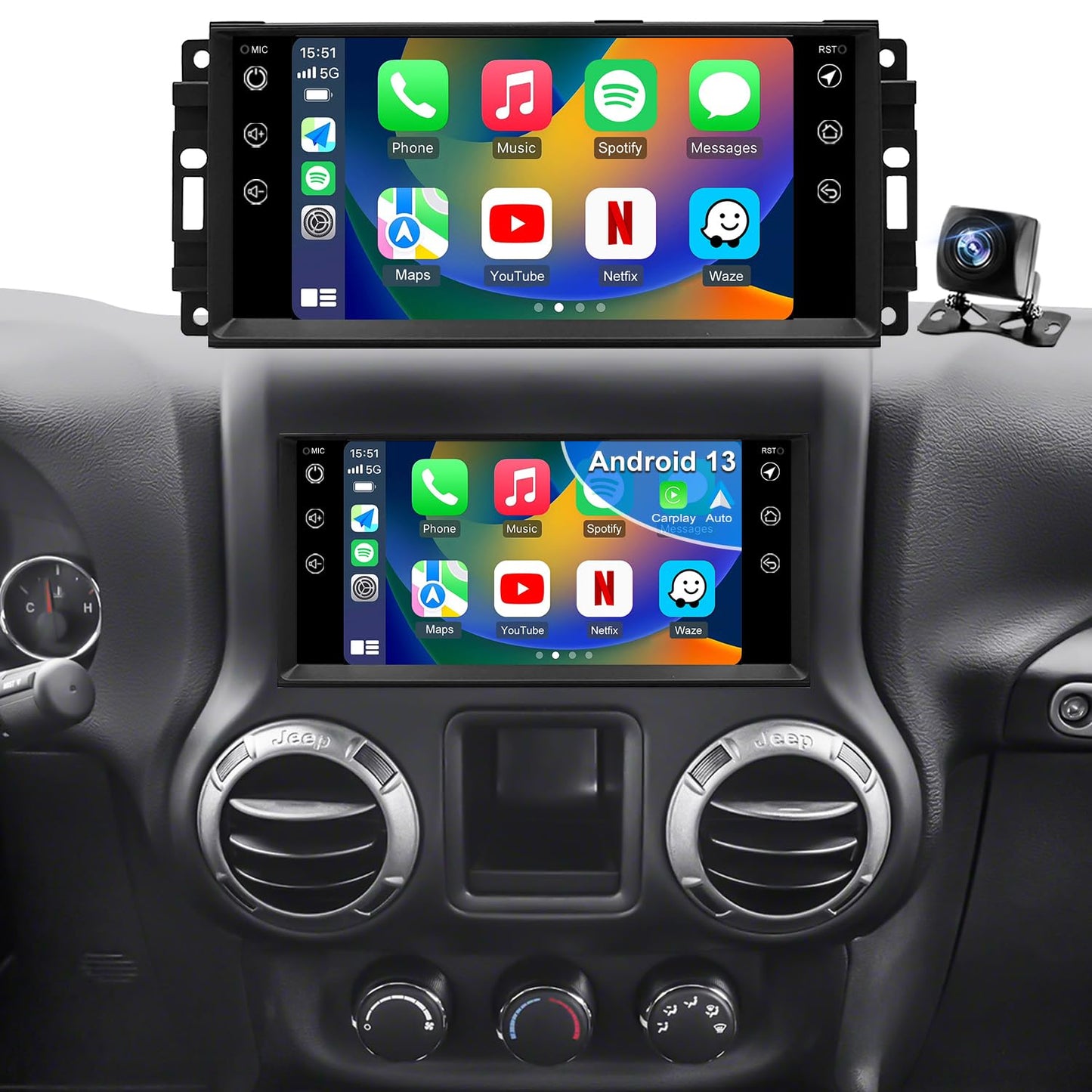 5GWifi - Radio de coche Android para Jeep Wrangler JK 2007-2018, Compass Patriot Dodge RAM 1500/2500 2009-2012, visualización táctil estéreo de coche, Wirelss Carplay Android Auto, GPS Navigator FM