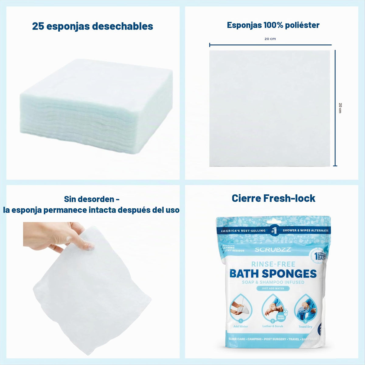 Scrubzz Toallitas de baño desechables sin enjuague, paquete de 25 – Toallitas de ducha todo en 1 de un solo uso, simplemente humedece, espuma y seca sin champú o enjuagar