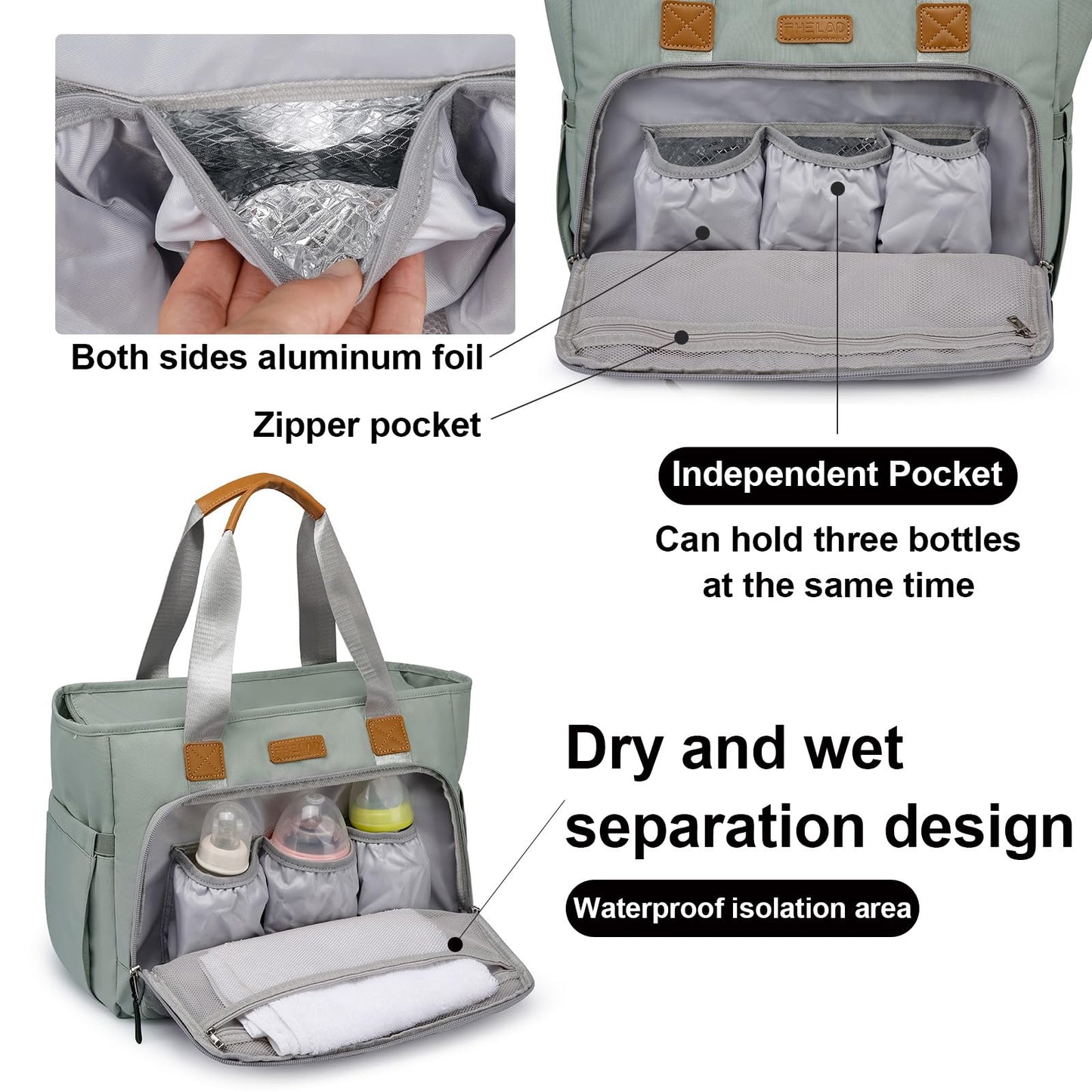 FHELAD - Bolsa de pañales grande con compartimento para portátil de 16 pulgadas, bolsa de bebé con bolsillo aislado para mamá y papá, ideal para viajes, trabajo (gris morandi)
