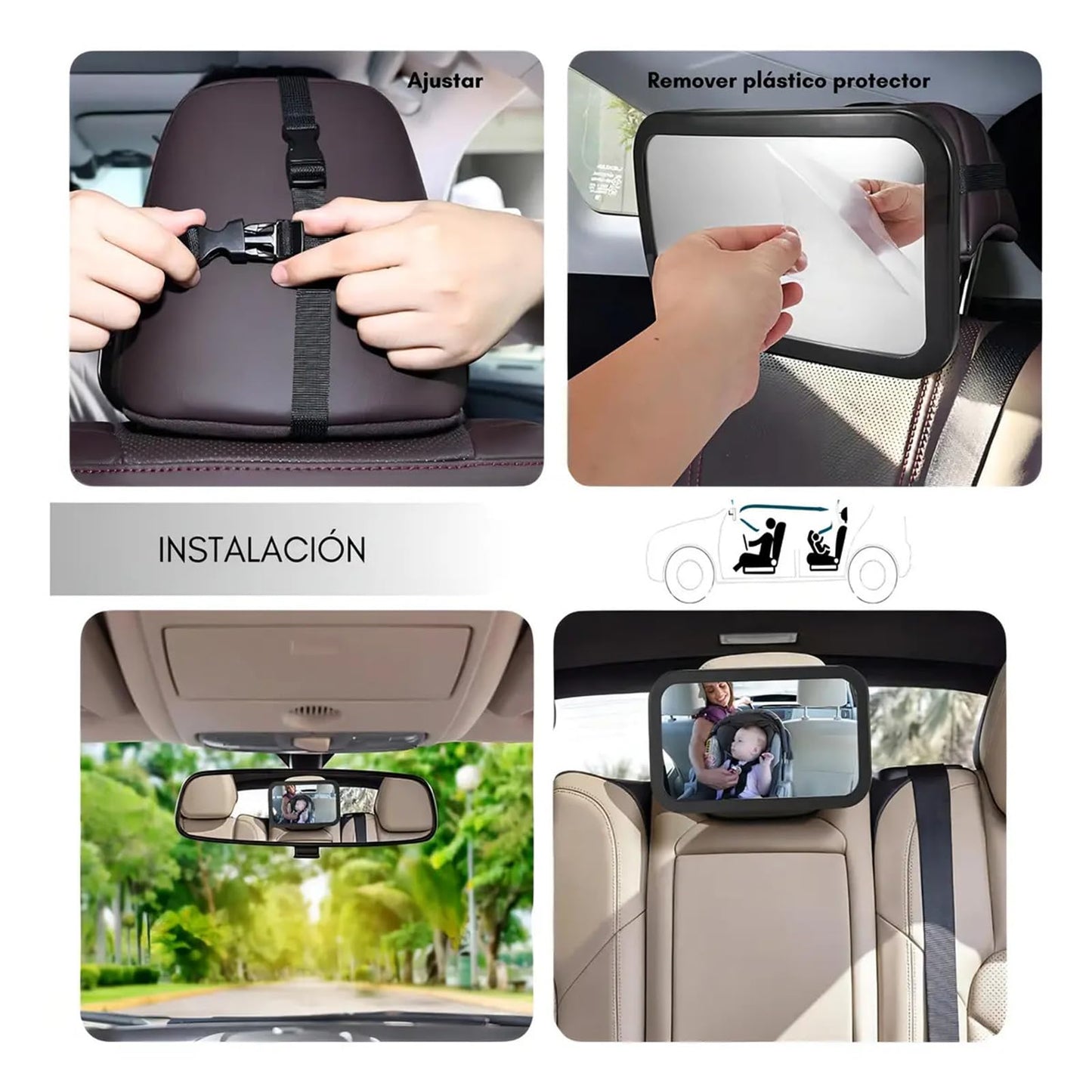 Espejo Retrovisor de Bebé para Auto, Rotación de 360 Grados Espejo de Observación para Bebés, Espejo Asiento Coche Bebe, Panorama claro, Correas Elásticas Ajustables