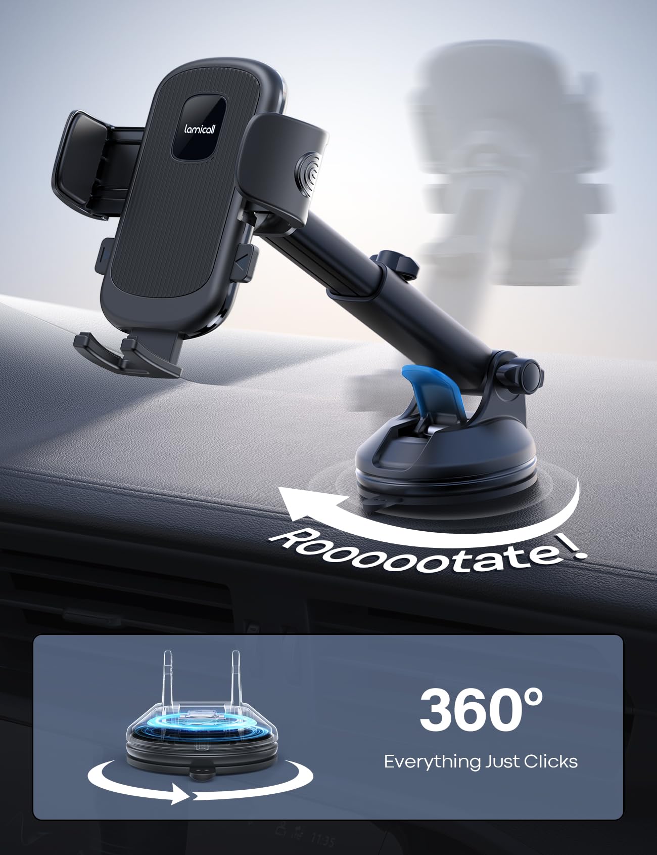 Lamicall Phone Mount for Car - [Succión Ultra 70LBS] Soporte para Celular Automovil Porta Celular para Auto Salpicadero, Reutilizable, Liberación Rápida, Compatible con Todos Celular, iPhone, Samsung