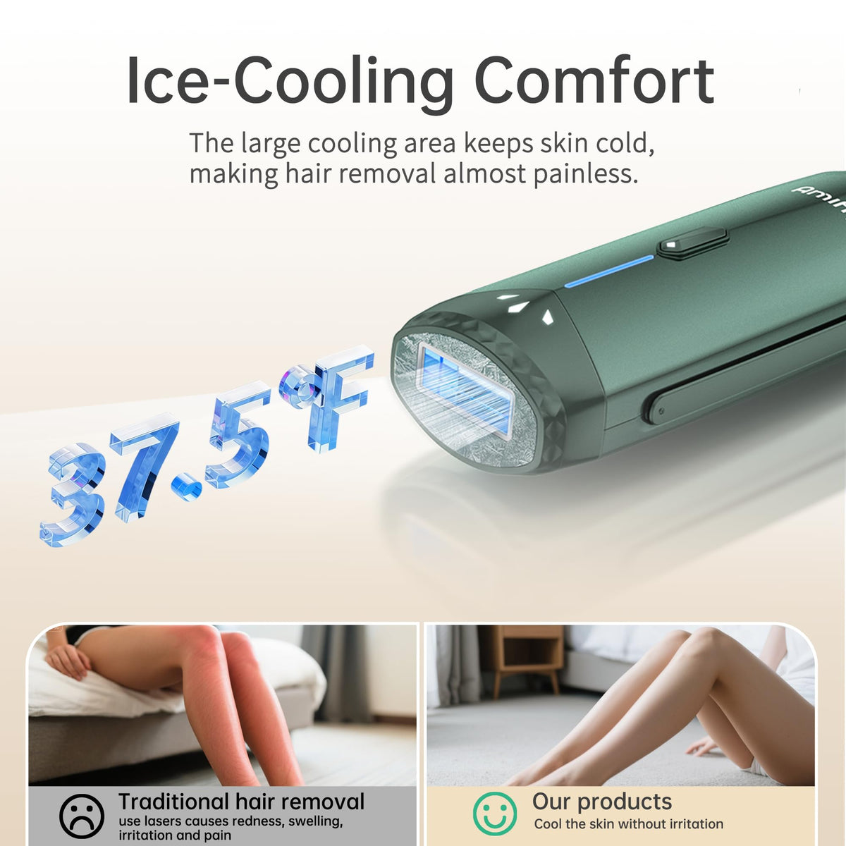 Amifiy Dispositivo de depilación IPL de enfriamiento por hielo para uso doméstico, máquina de depilación láser, depiladora indolora para mujeres y hombres, 3 niveles de energía y 2 modos, uso facial y