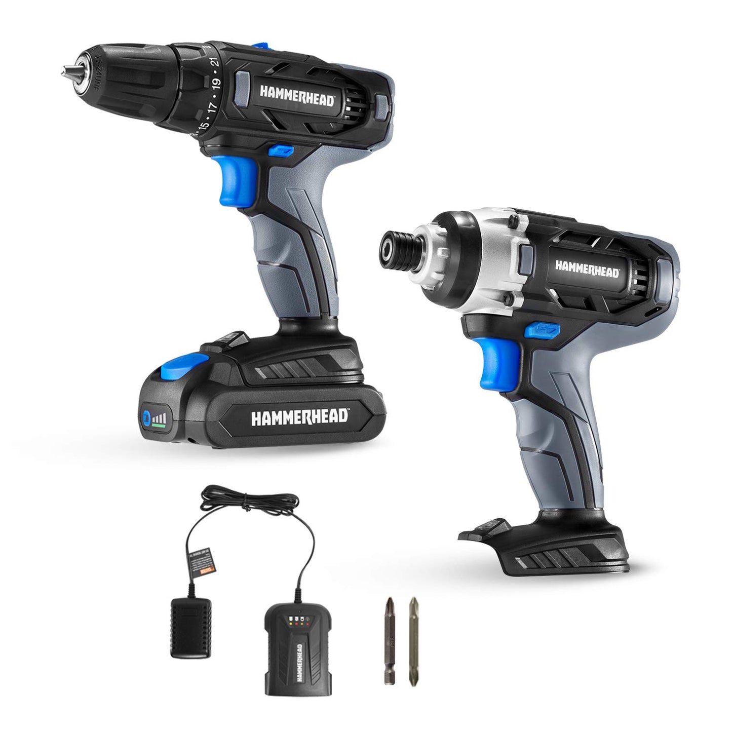 Hammerhead - Kit de 2 herramientas inalámbricas de 20 V Taladro y destornillador de impacto con batería de 1.5 Ah y cargador - HCC2020