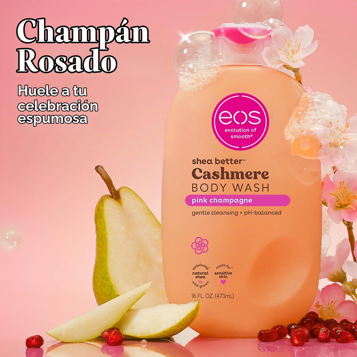 eos Shea Better - Gel de baño de cachemira, champán rosa, hidratante y nutritivo, fórmula de gel cremoso equilibrado de pH, libre de parabenos ni ftalatos, piel sensible, 16 onzas líquidas