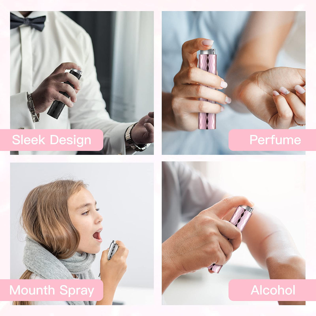 Lisapack - Dispensador de perfume de 8 ml (3 piezas), pequeño dispensador de perfume recargable, aspiradora para viajes, pulverizador de colonia portátil (patrón esculpido, plata, rosa, negro)