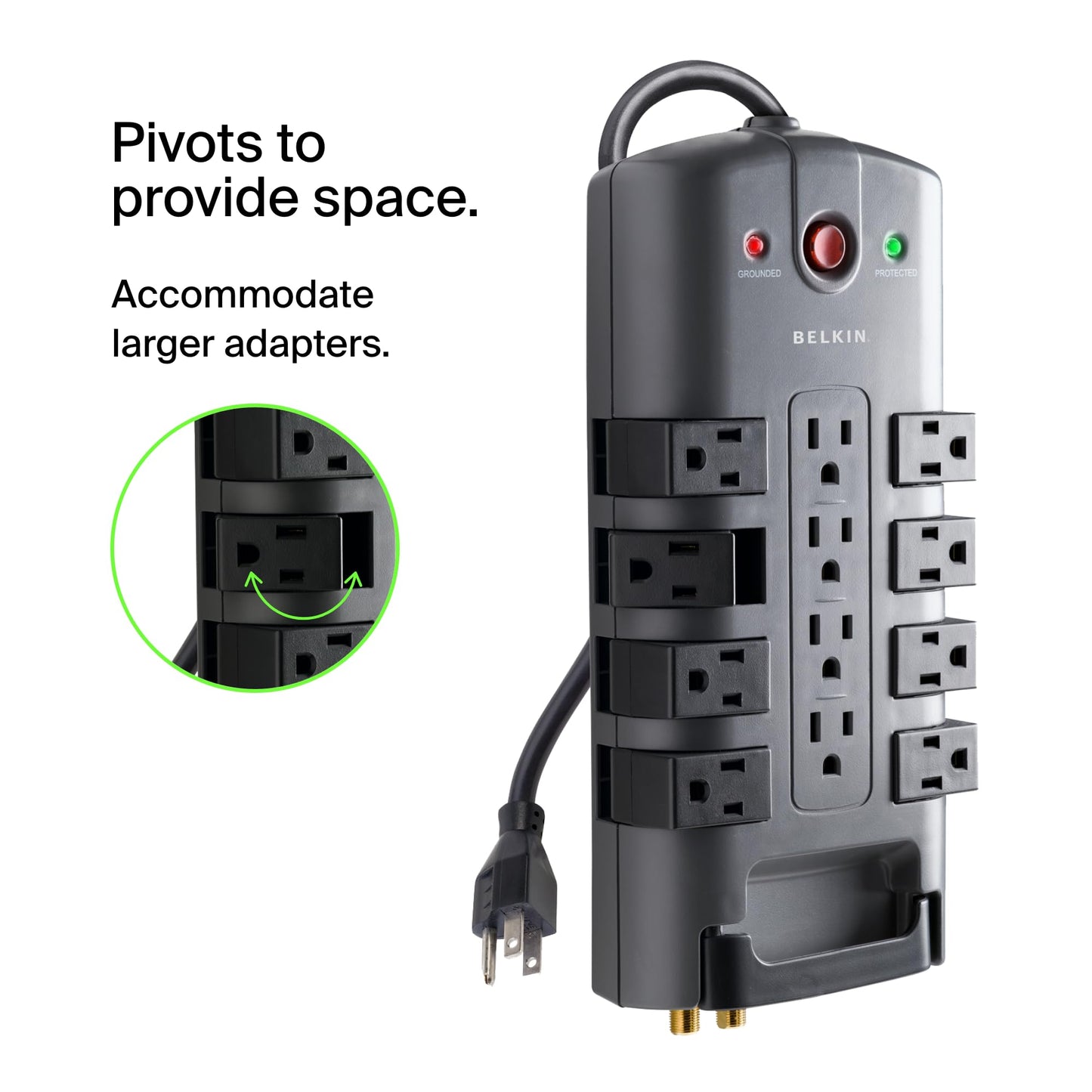 Belkin BP112230-08 Supresor de Picos Enchufe de Pivote, 12 Salidas, 4320J, 2.4 metros, Gris