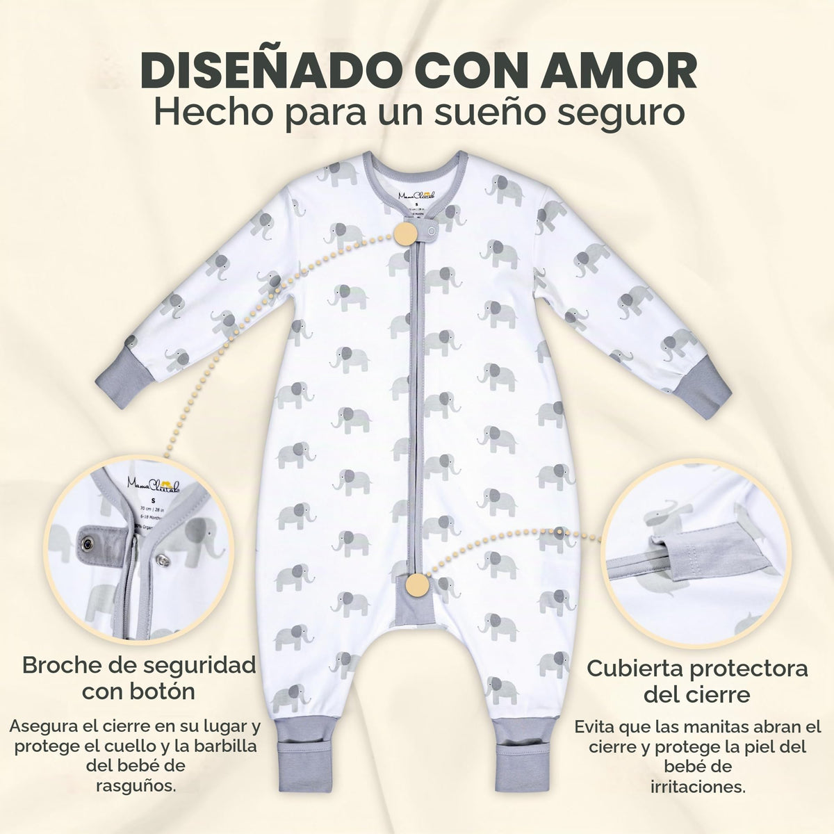 Saco de Dormir para Niños con Pies de Mama Cheetah, Saco de Dormir de Manga Larga 0.5 TOG de Algodón Orgánico para Bebés con Patas, Manta Portátil para Caminantes con Cremallera de 2 Vías, Manta para