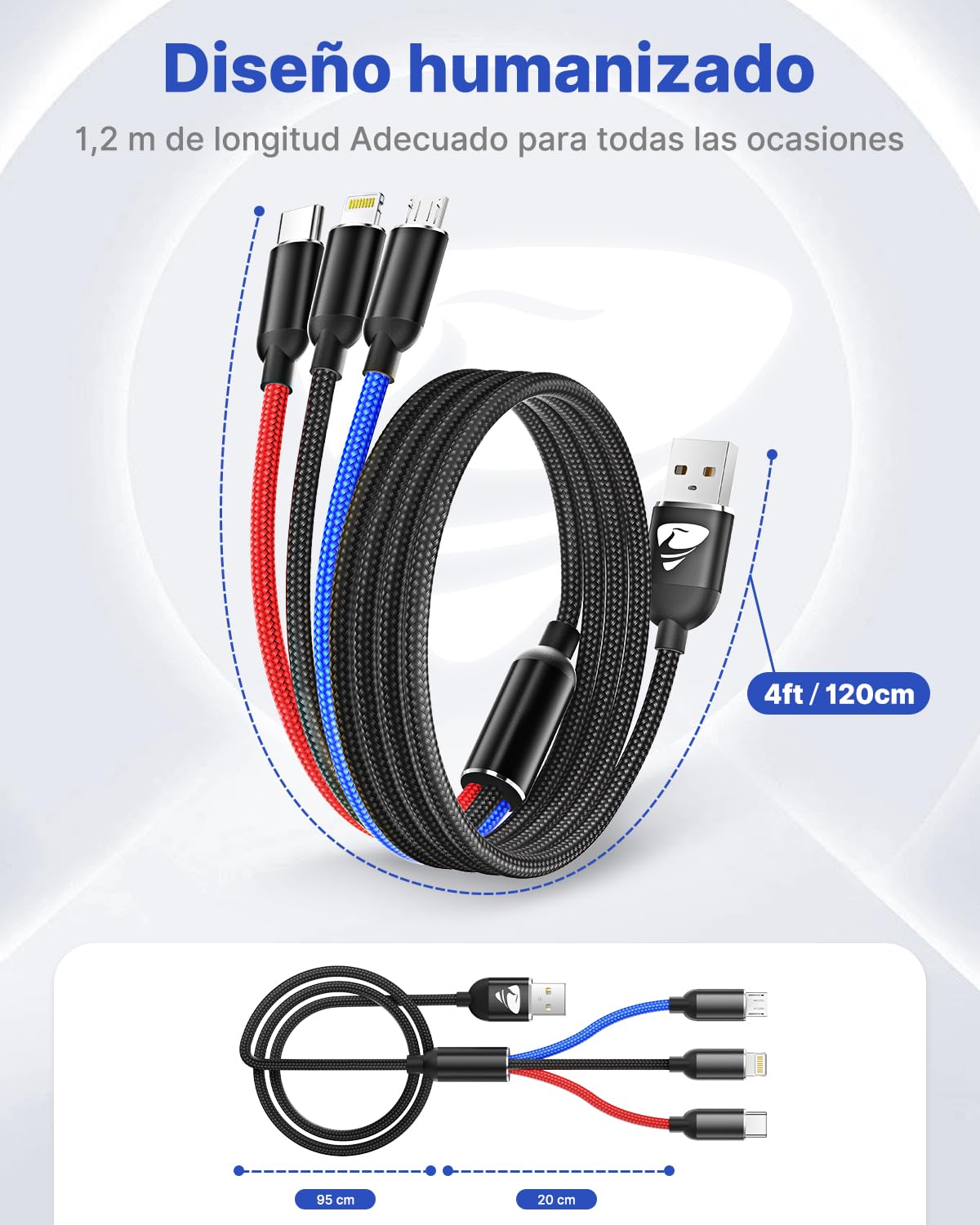Cable Cargador Aioneus USB 3 en 1 Nailon Carga Rápida Tipo C Micro USB Lightning 1.2M 2 Pack