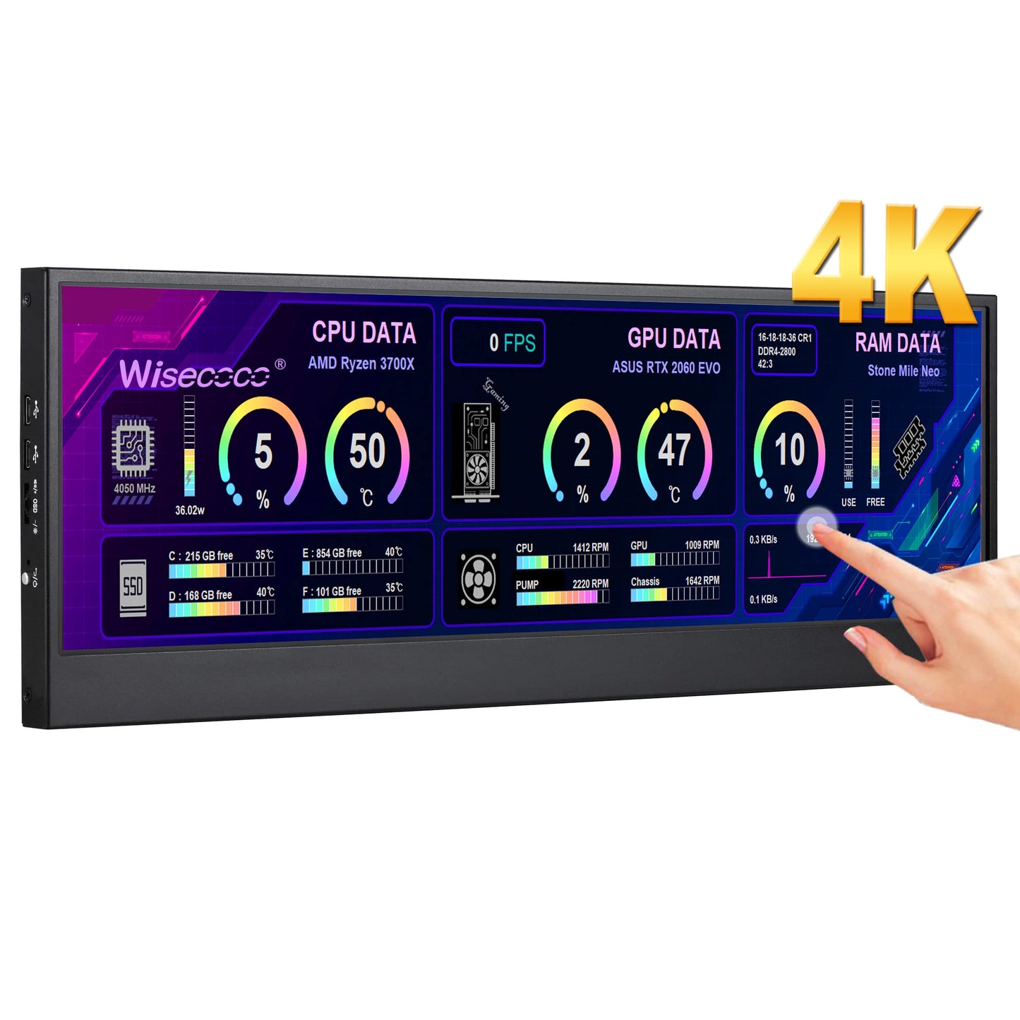 14'' 4K UHD IPS 3840x1100 Barra Estirada Pantalla Táctil Monitor para Ordenador Portátil PC Velocidad Temperatura Windows Aida64 CPU GPU HDMI Monitor Secundario para Música Media Timeline Edición