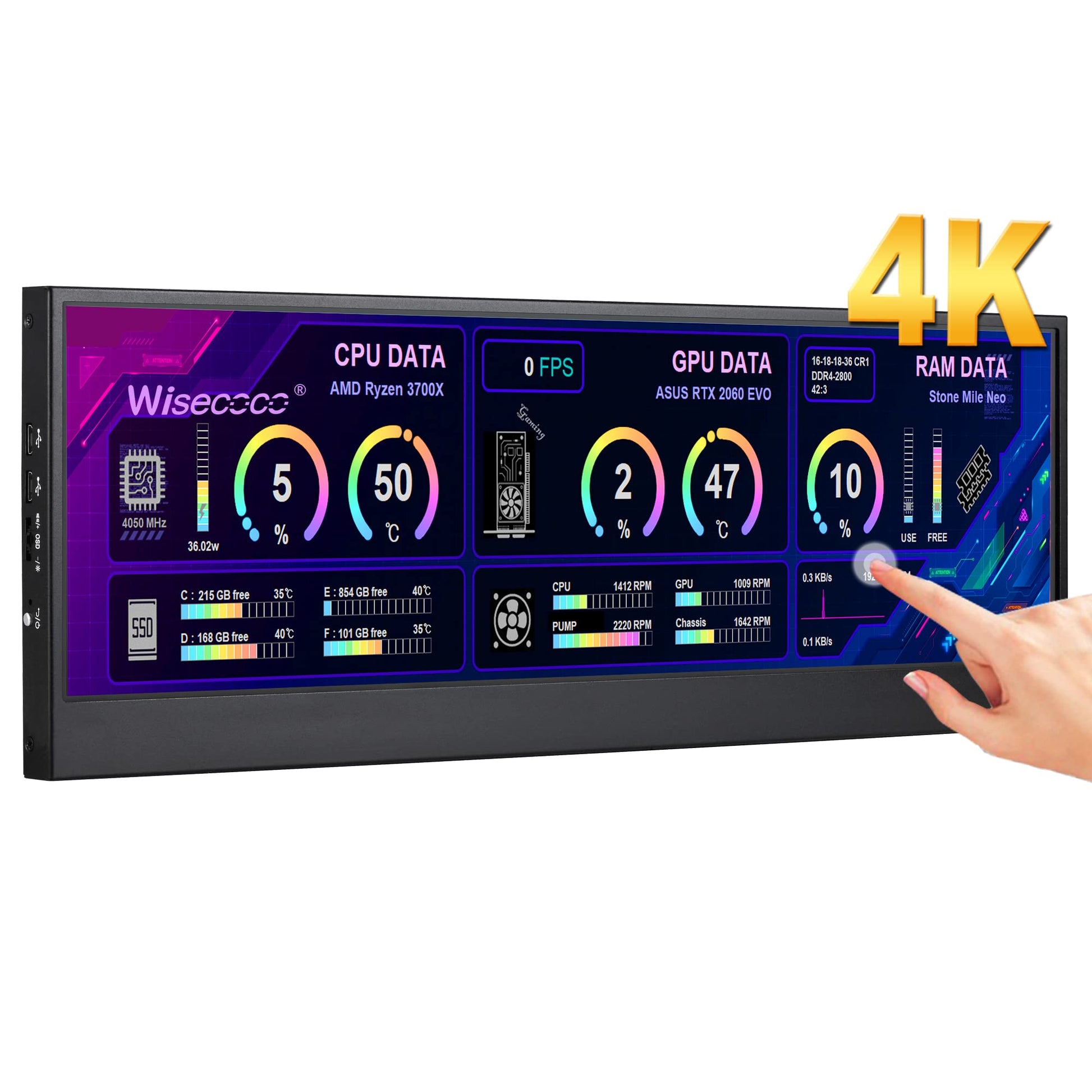 14'' 4K UHD IPS 3840x1100 Barra Estirada Pantalla Táctil Monitor para Ordenador Portátil PC Velocidad Temperatura Windows Aida64 CPU GPU HDMI Monitor Secundario para Música Media Timeline Edición