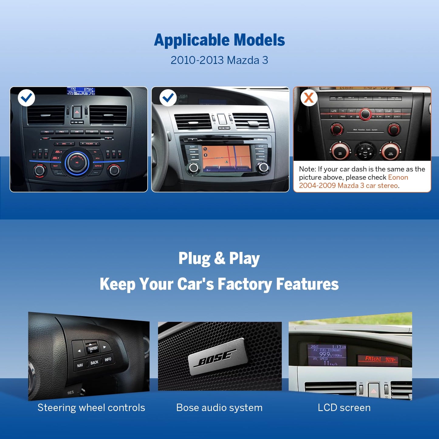 Eonon 4G+64G - Receptor estéreo para coche Android 14 para Mazda 3 2010-2013, unidad inalámbrica CarPlay y Android Auto Headunit, visualización táctil de 9 pulgadas, navegación GPS Bluetooth, AM/FM